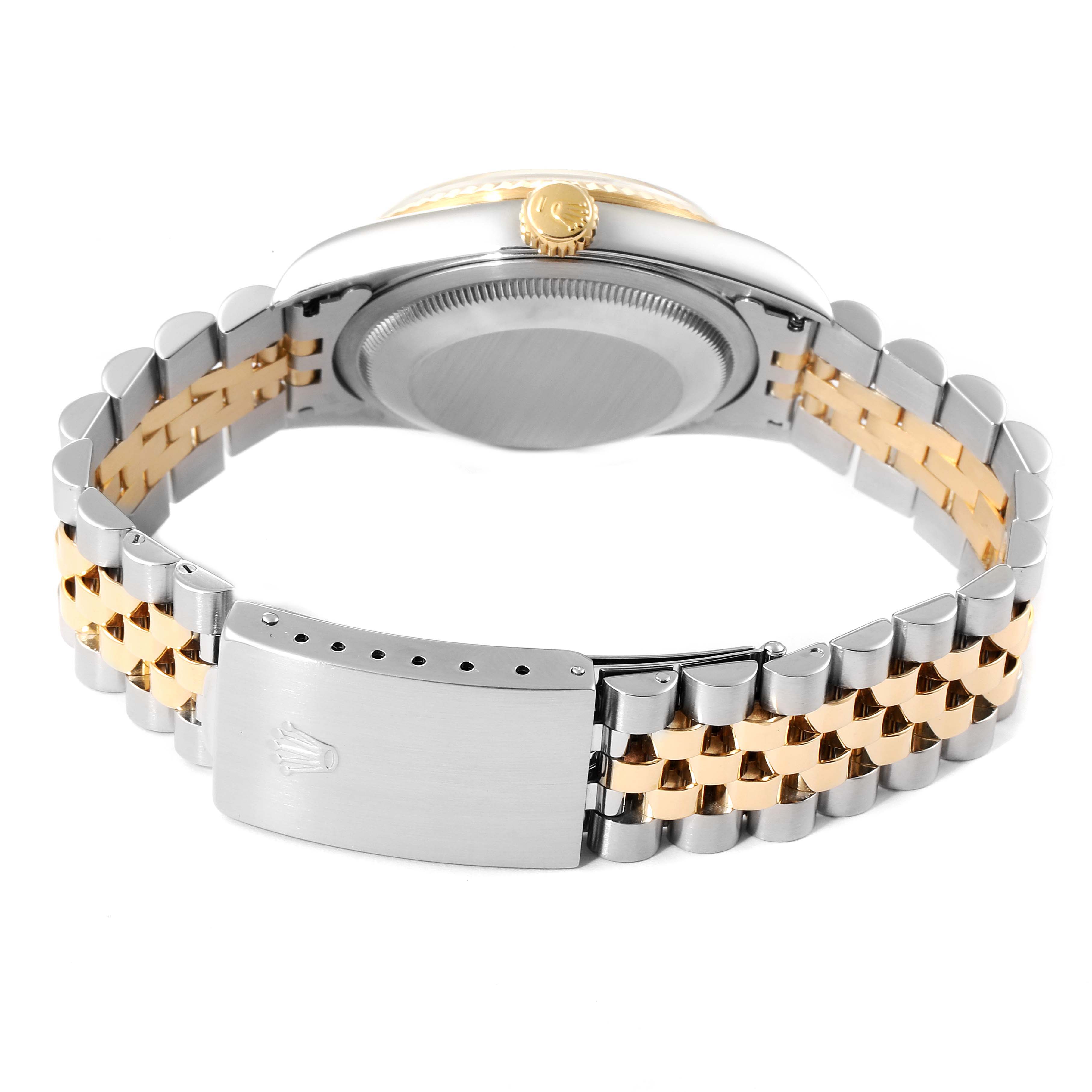 This image shows the back of a Rolex Datejust 16233 Men's Steel and Gold (two tone) White Dial 16233 Men's Steel and Gold (two tone) White Dial model, highlighting its two-tone bracelet and clasp.