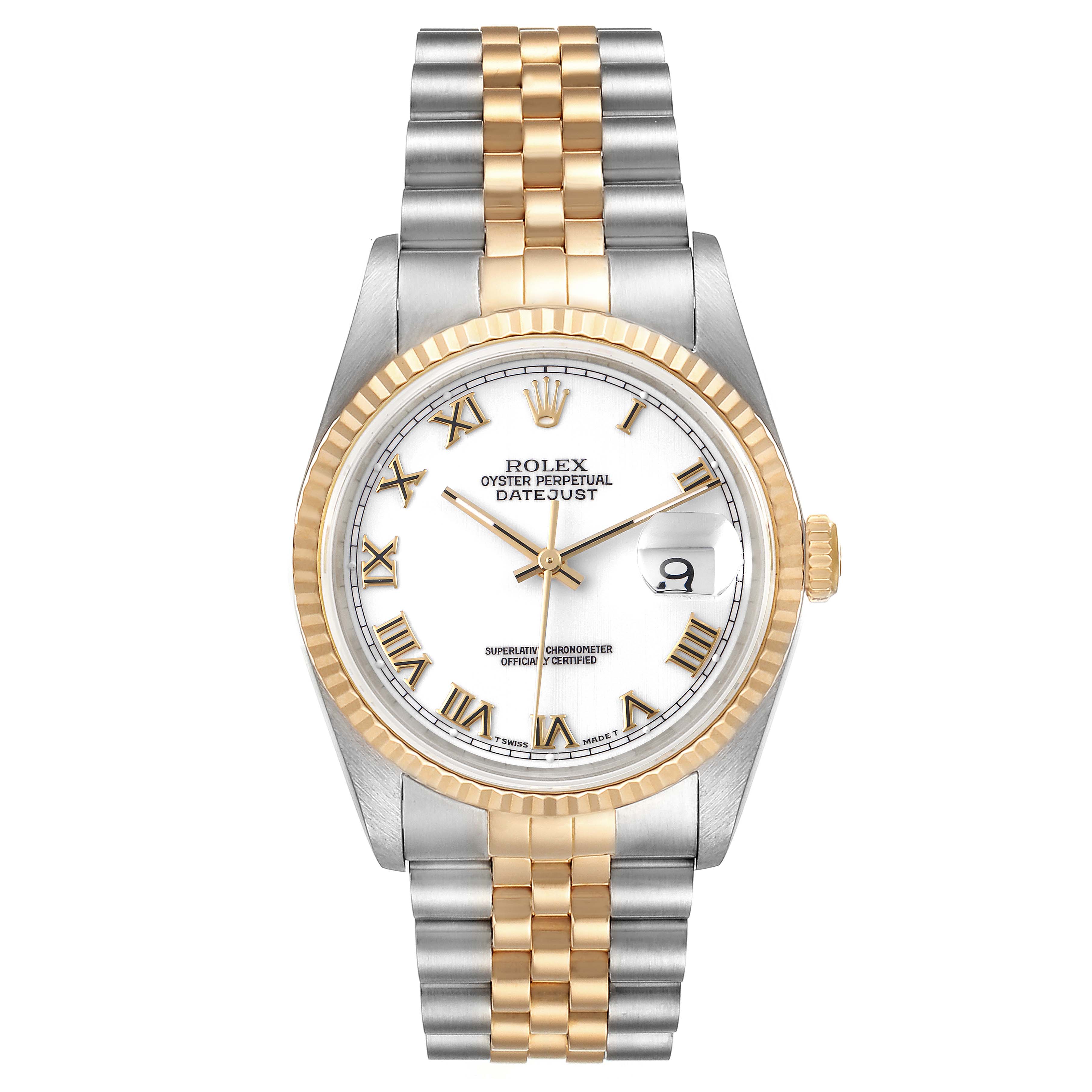 This Rolex Datejust 16233 Men's Steel and Gold (two tone) White Dial 16233 Men's Steel and Gold (two tone) White Dial watch is shown from a top-down angle, displaying its face, bezel, and bracelet.