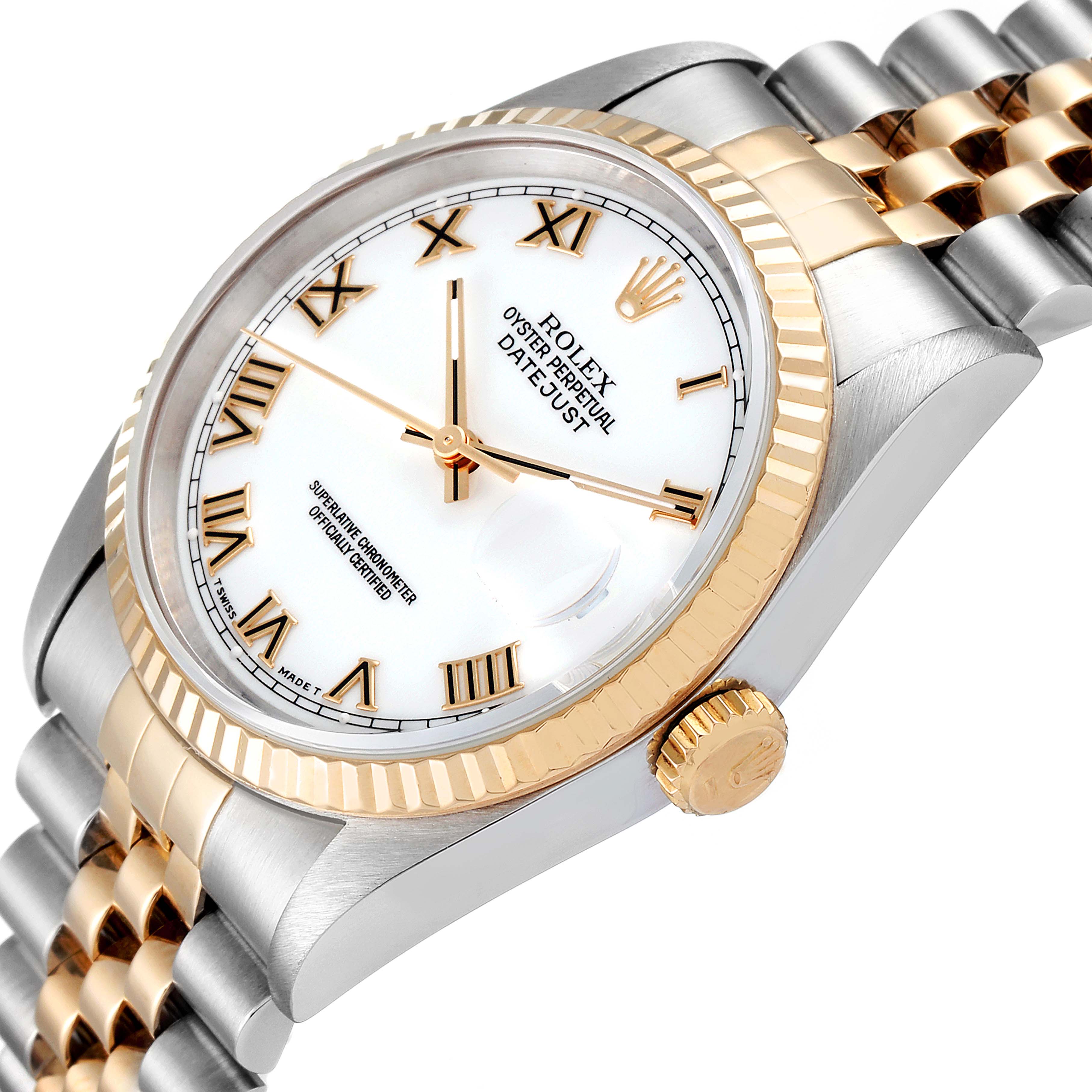 This image shows a Rolex Datejust 16233 Men's Steel and Gold (two tone) White Dial 16233 Men's Steel and Gold (two tone) White Dial watch at a slight angle, highlighting its bezel, dial, crown, and bracelet.