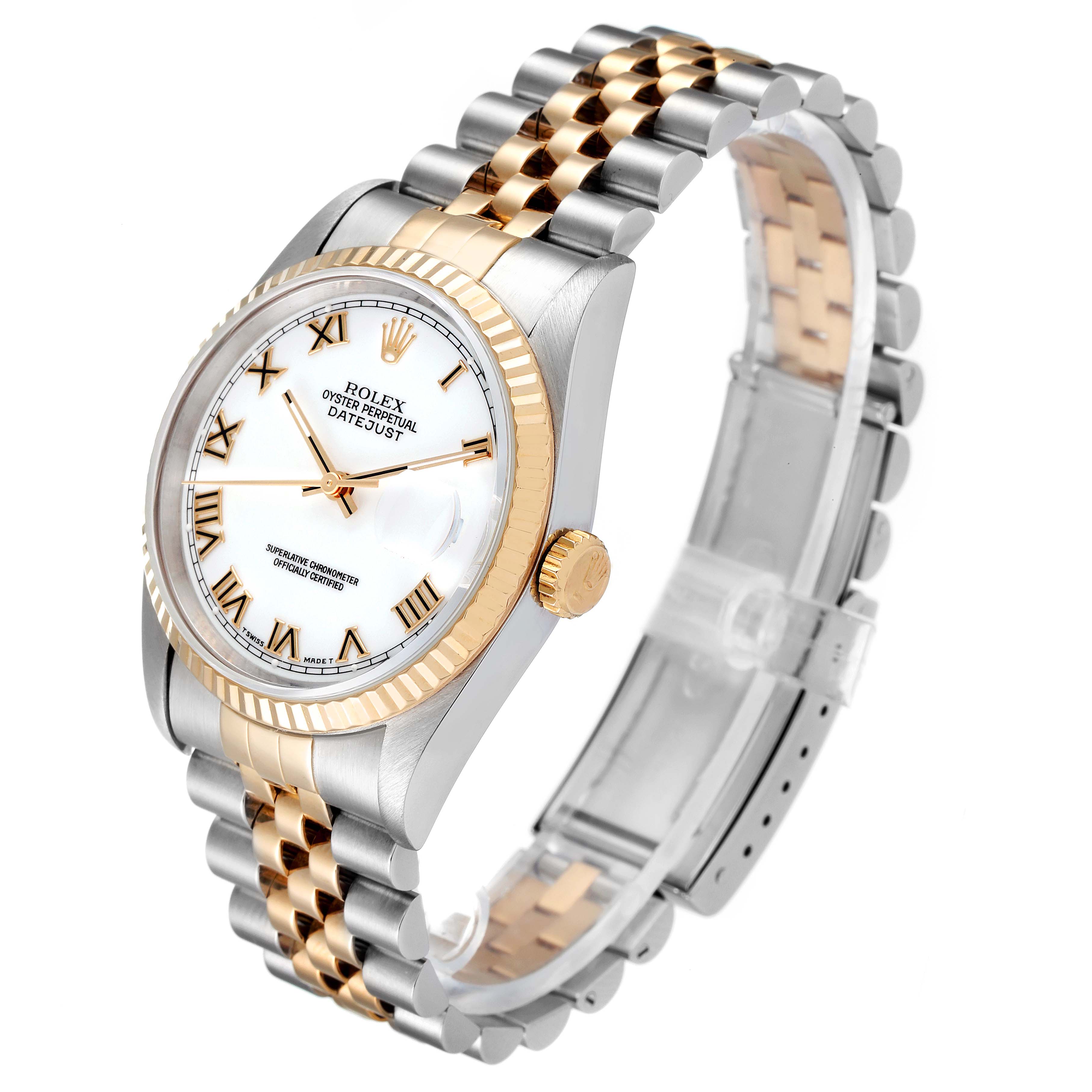 The image shows a Rolex Datejust 16233 Men's Steel and Gold (two tone) White Dial 16233 Men's Steel and Gold (two tone) White Dial watch at a three-quarter angle, highlighting its two-tone band, bezel, and dial.