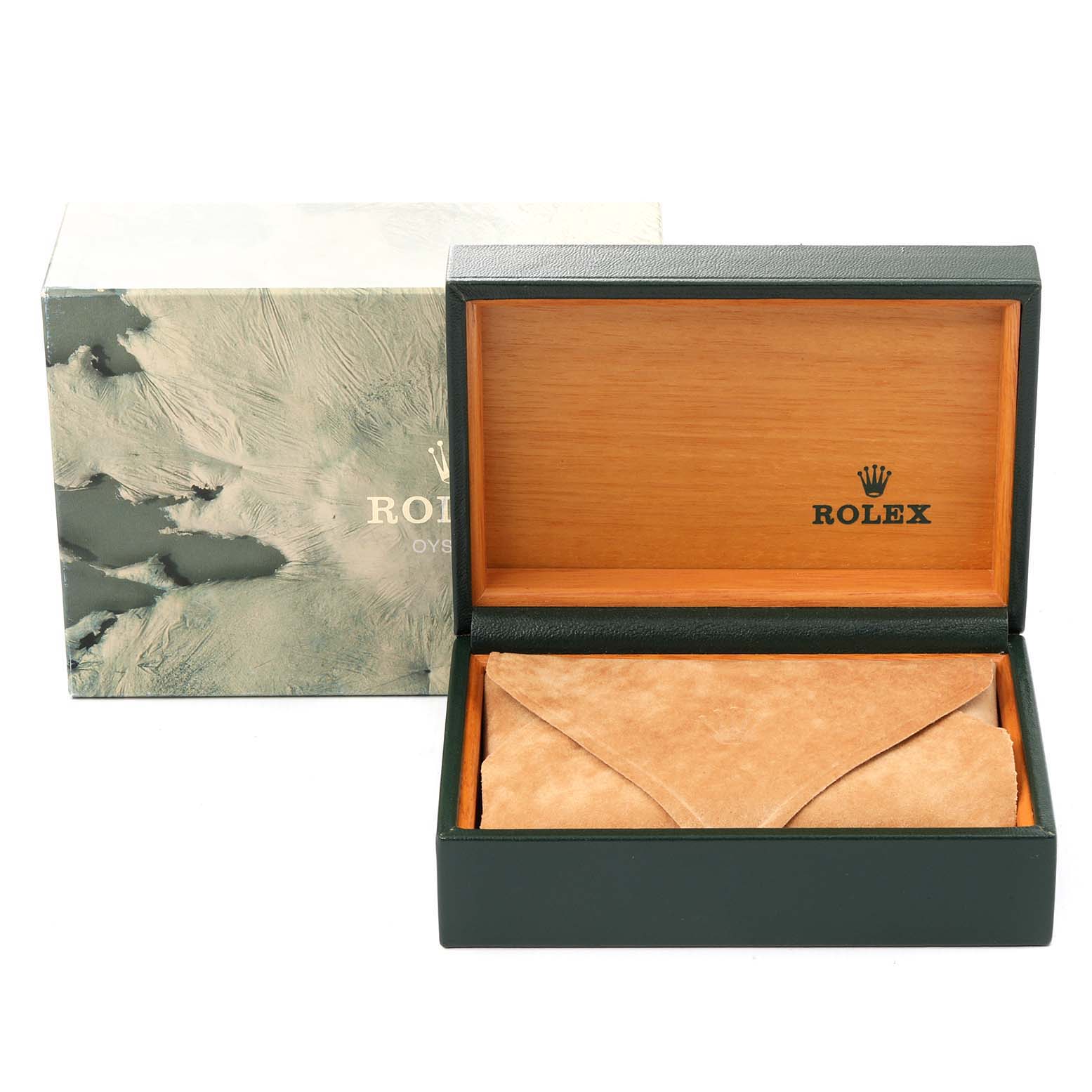 The image shows the open box and outer packaging for a Rolex Datejust 16233 Men's Steel and Gold (two tone) White Dial 16233 Men's Steel and Gold (two tone) White Dial watch, with the interior lined in wood and suede.