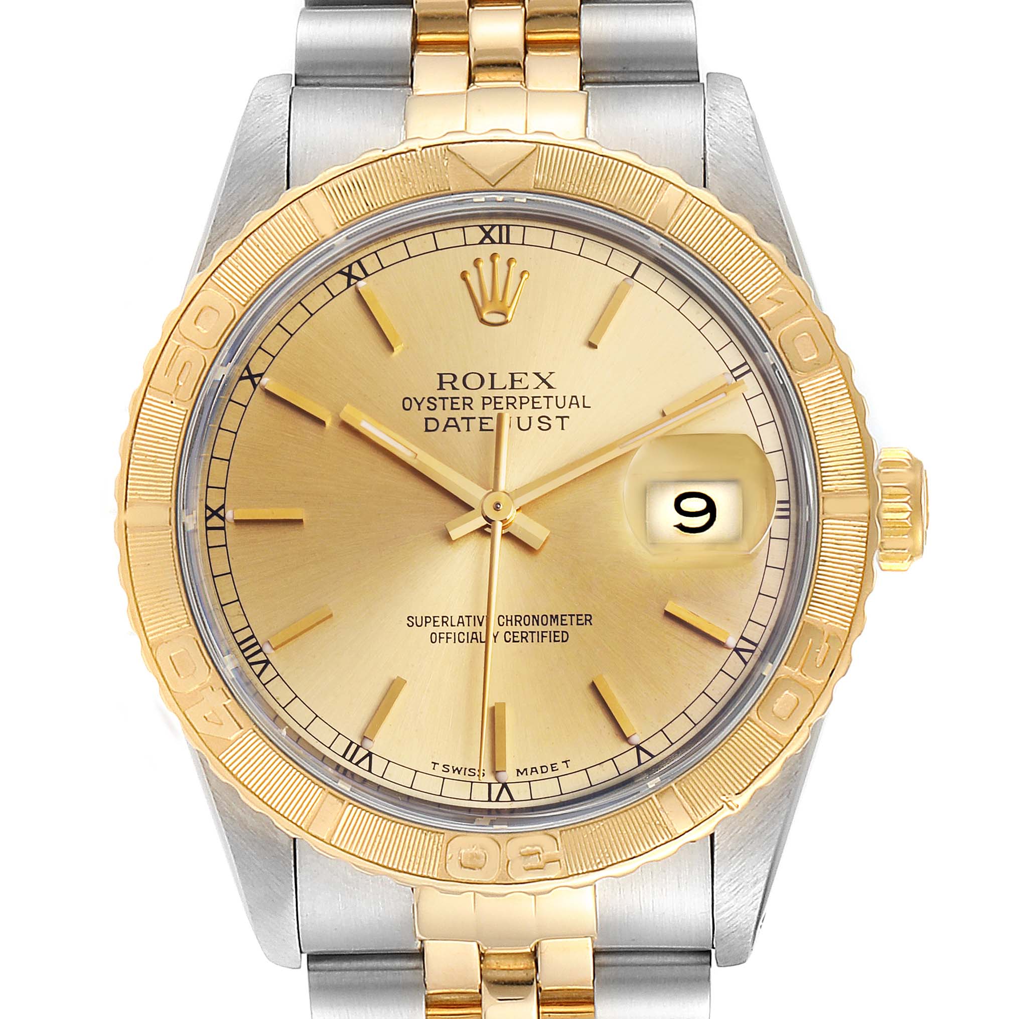The image shows a front view of the Rolex Turn-o-Graph 16263 Men
s Steel and Gold (two tone) Champagne Dial 16263 Men
s Steel and Gold (two tone) Champagne Dial watch, highlighting the bezel, dial, bracelet, and date window.
