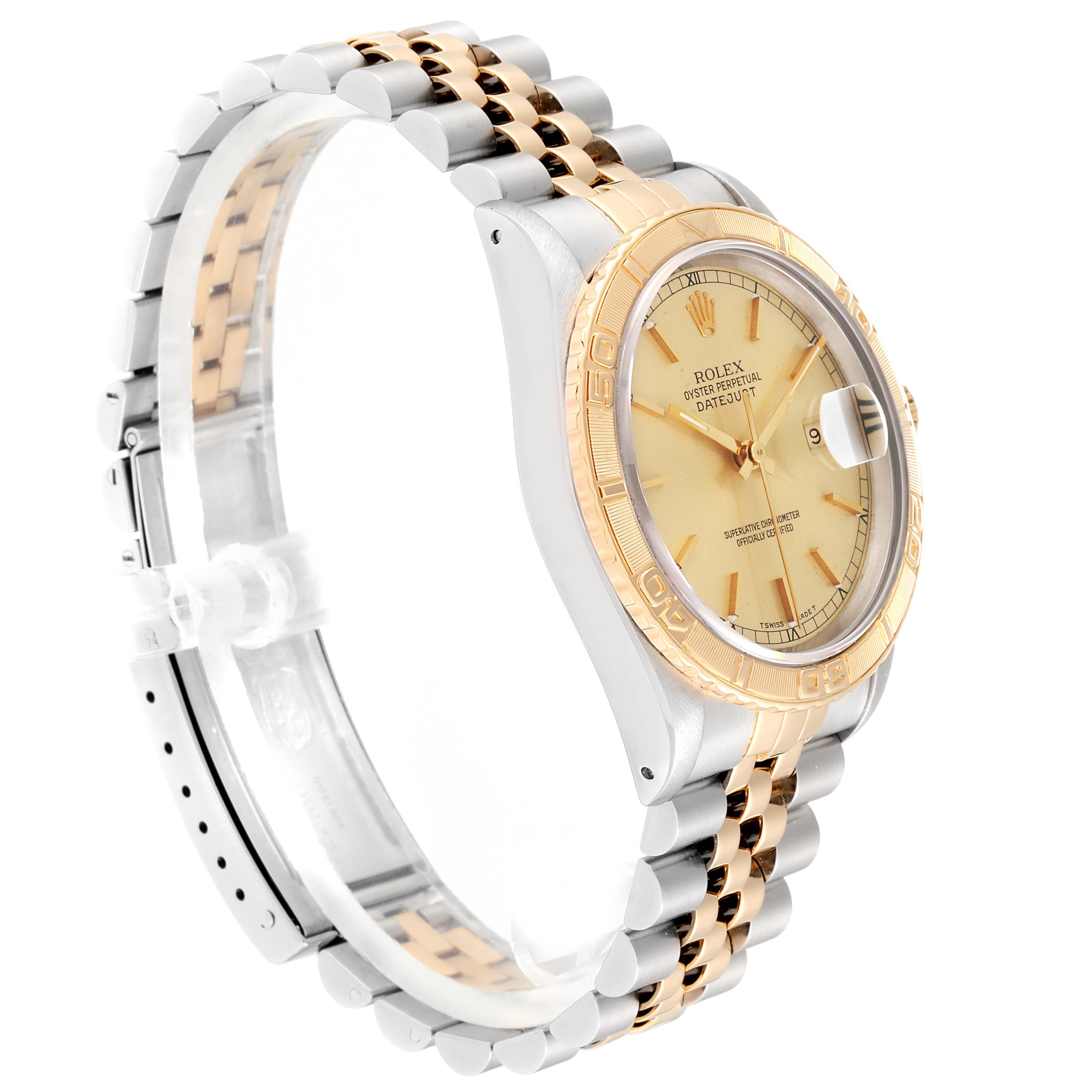 The Rolex Turn-o-Graph 16263 Men
s Steel and Gold (two tone) Champagne Dial 16263 Men
s Steel and Gold (two tone) Champagne Dial watch is shown at an angle displaying the dial, bezel, and bracelet.