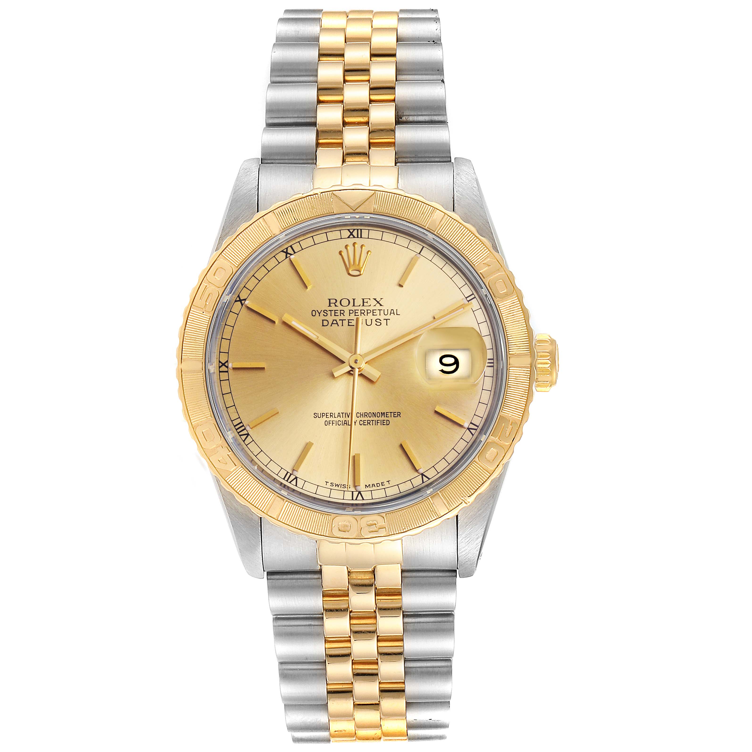 This image shows a front view of a Rolex Turn-o-Graph 16263 Men
s Steel and Gold (two tone) Champagne Dial 16263 Men
s Steel and Gold (two tone) Champagne Dial watch with a two-tone bracelet and a gold bezel.