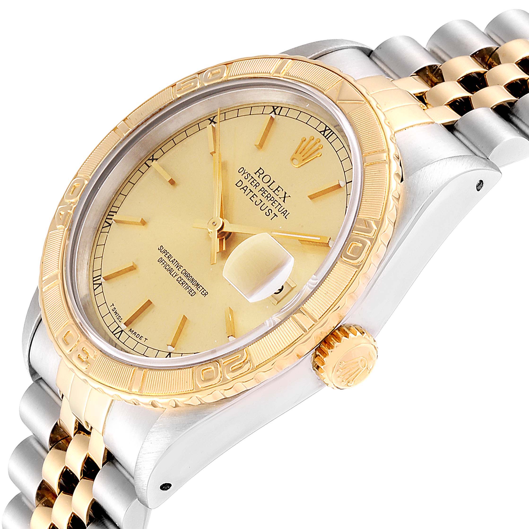 The Rolex Turn-o-Graph 16263 Men
s Steel and Gold (two tone) Champagne Dial 16263 Men
s Steel and Gold (two tone) Champagne Dial watch is shown at an angle highlighting the dial, bezel, crown, and part of the bracelet.