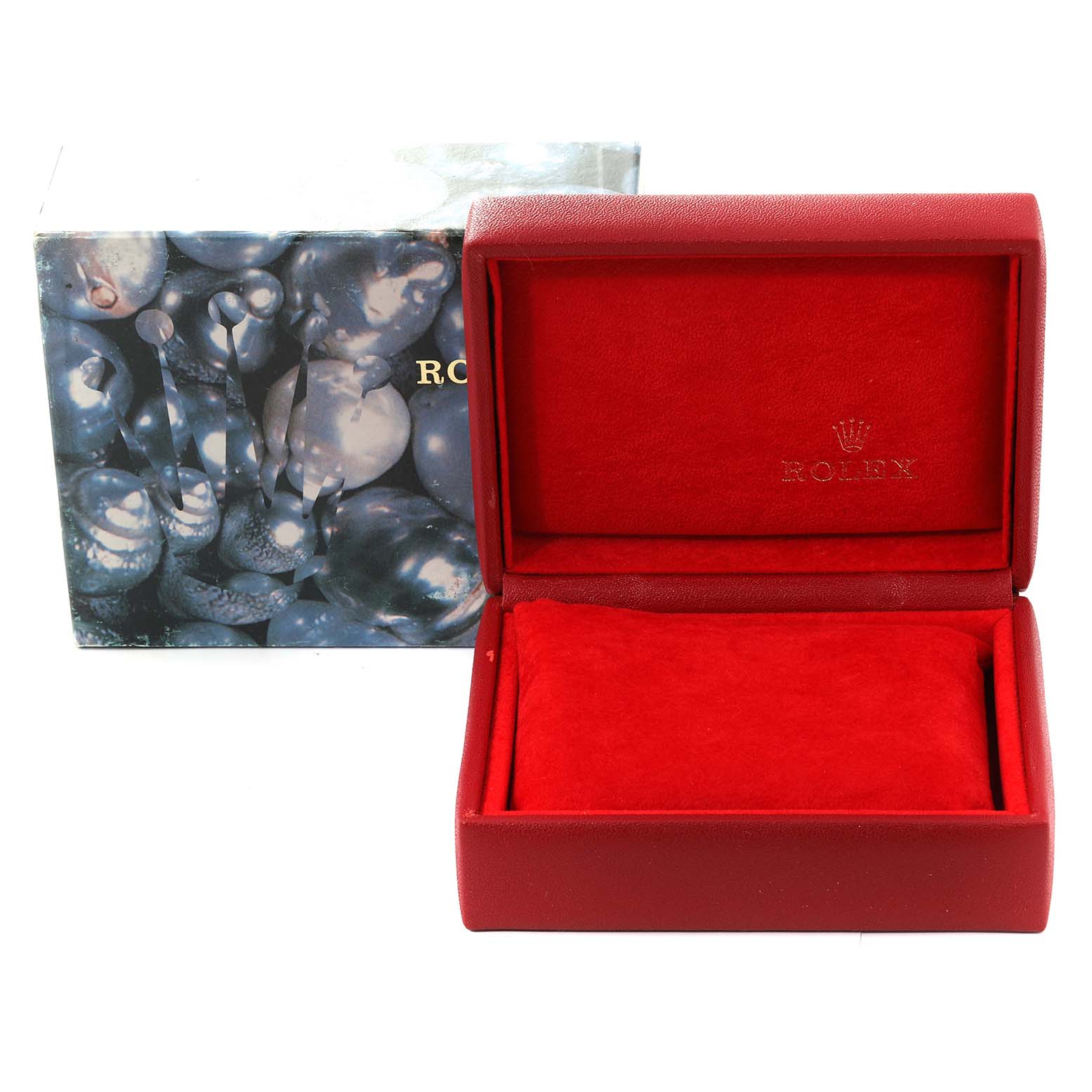 This image shows the open, red velvet-lined box of a Rolex Datejust 69173 Women's Steel and Gold (two tone) Blue Dial 69173 Women's Steel and Gold (two tone) Blue Dial model, with the outer packaging in the background.