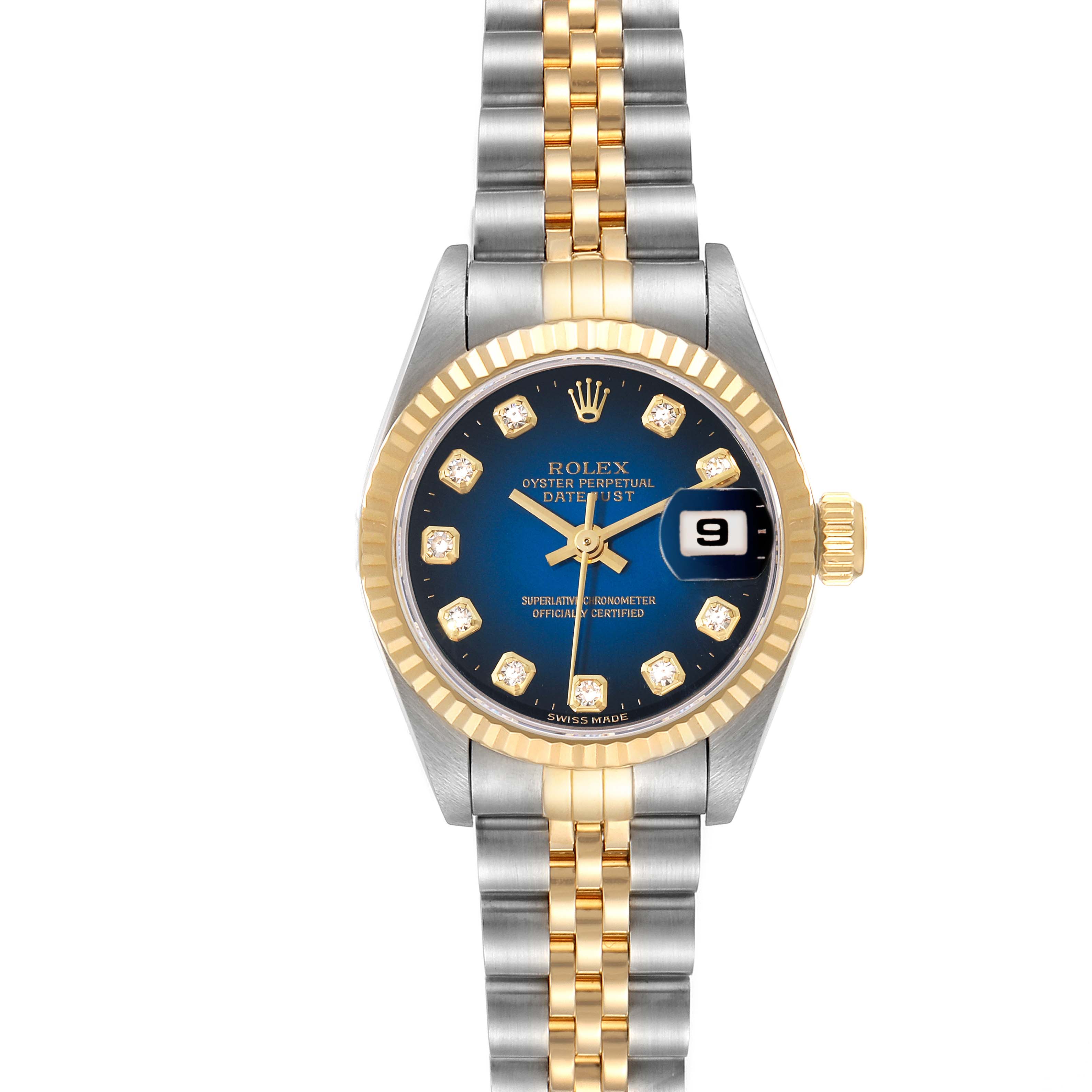This Rolex Datejust 69173 Women's Steel and Gold (two tone) Blue Dial 69173 Women's Steel and Gold (two tone) Blue Dial watch is shown from a front angle, highlighting the face, bezel, and metal bracelet.