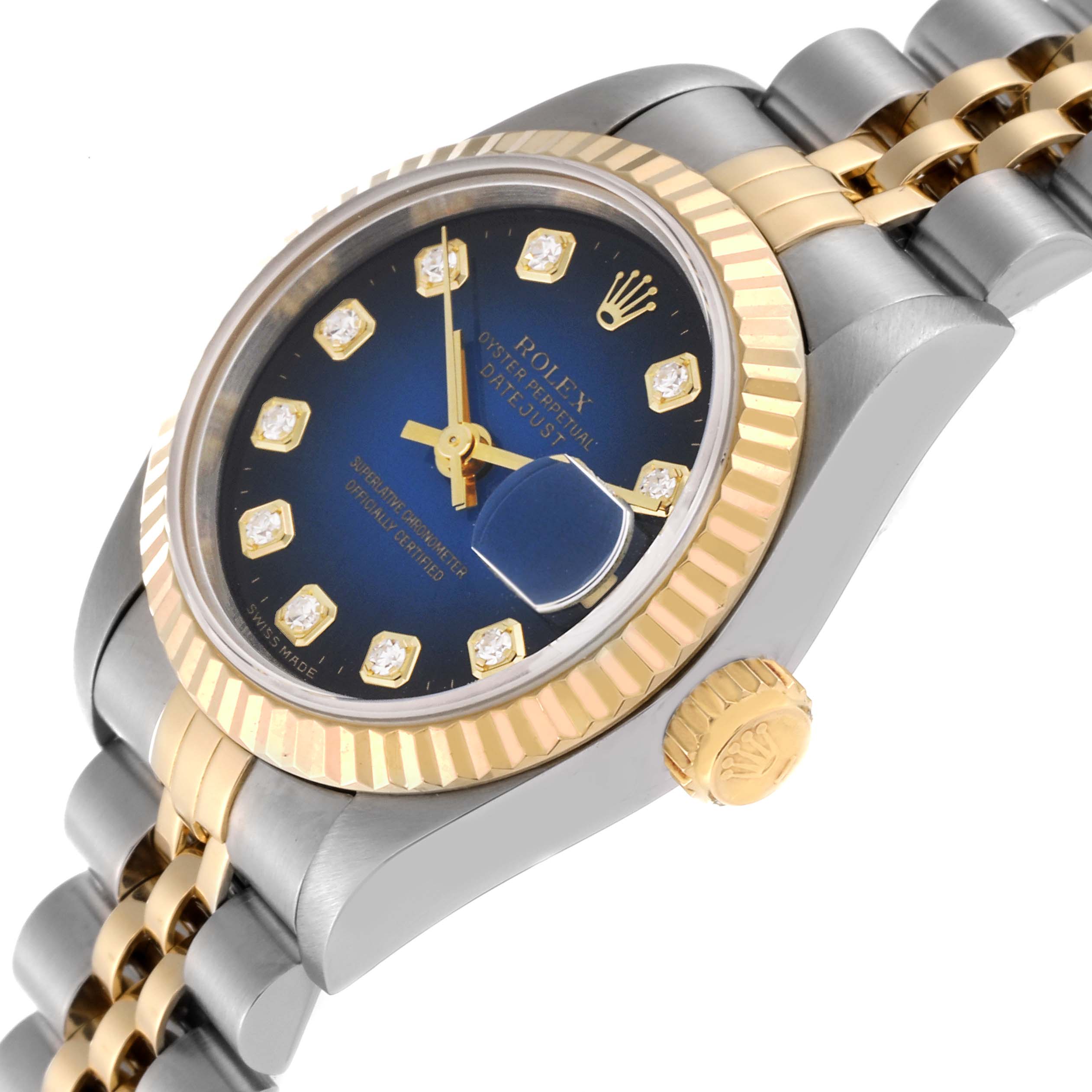 The Rolex Datejust 69173 Women's Steel and Gold (two tone) Blue Dial 69173 Women's Steel and Gold (two tone) Blue Dial watch is shown at a three-quarter angle, revealing the dial, bezel, crown, and part of the bracelet.