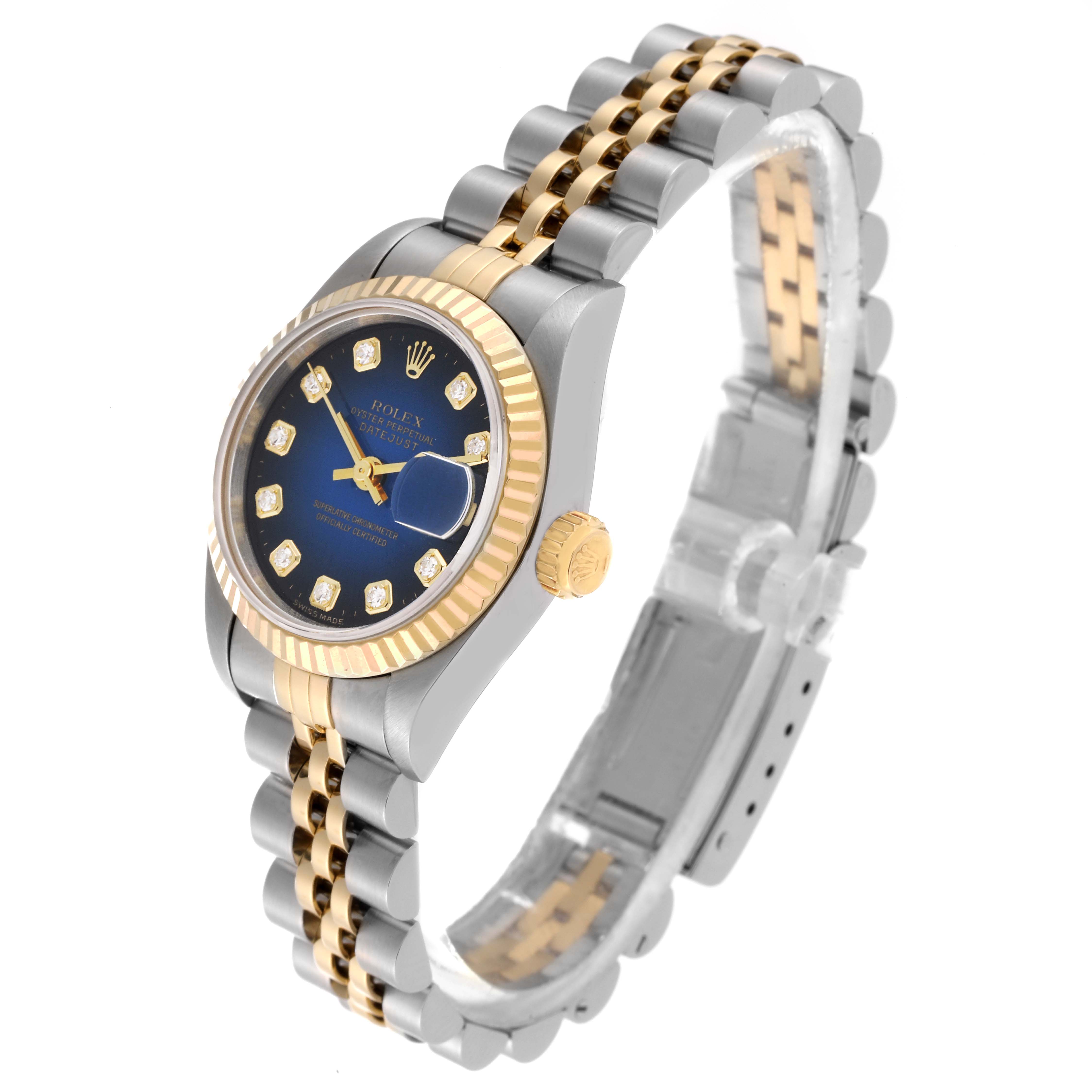 The Rolex Datejust 69173 Women's Steel and Gold (two tone) Blue Dial 69173 Women's Steel and Gold (two tone) Blue Dial watch is shown at a three-quarter angle, featuring the face, crown, and a two-tone bracelet.