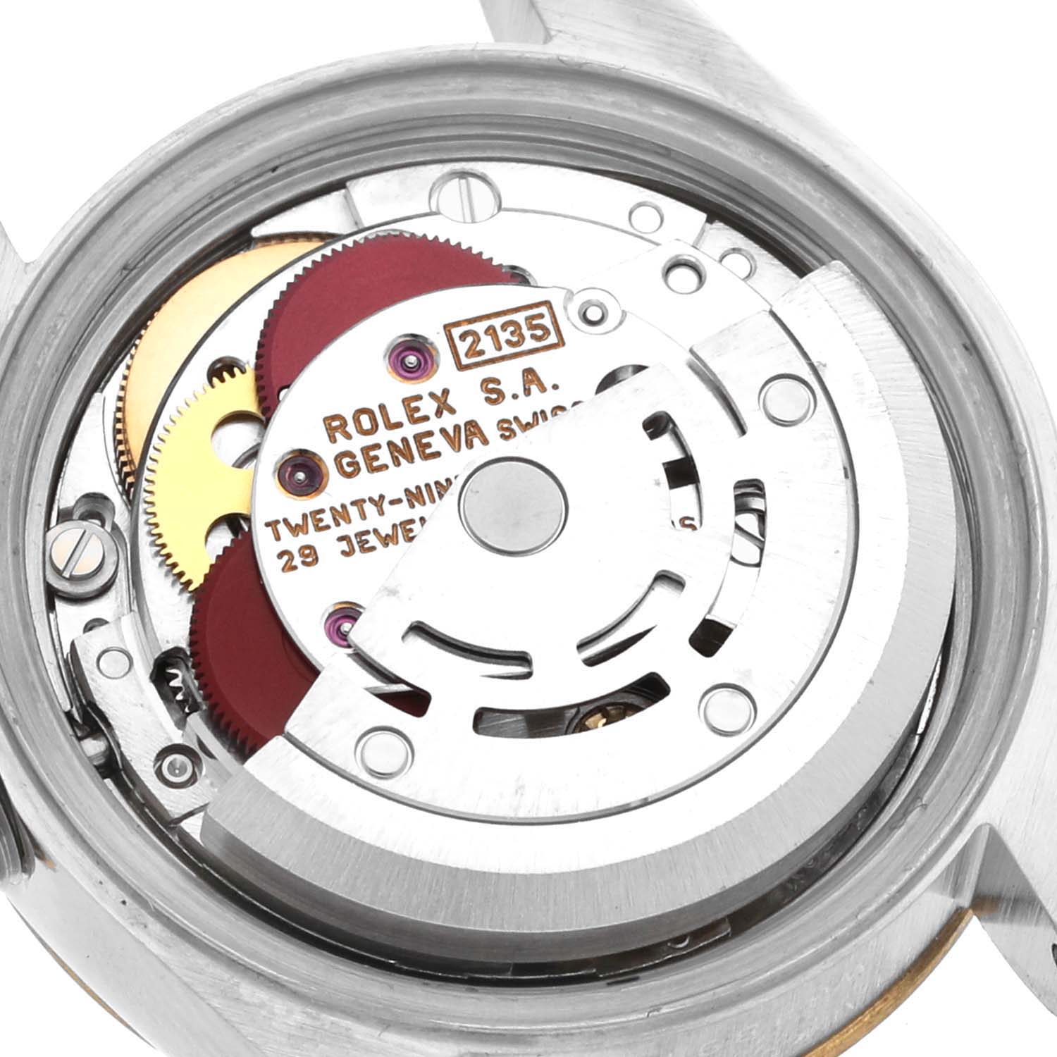 This image shows the internal mechanism and movement parts of a Rolex Datejust 69173 Women's Steel and Gold (two tone) Blue Dial 69173 Women's Steel and Gold (two tone) Blue Dial watch from a close-up angle.