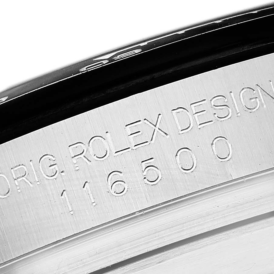 This image shows a close-up of the engravings on the bezel and case of a Rolex Daytona 116500 Men's Stainless Steel White Dial 116500 Men's Stainless Steel White Dial watch, including the model number.