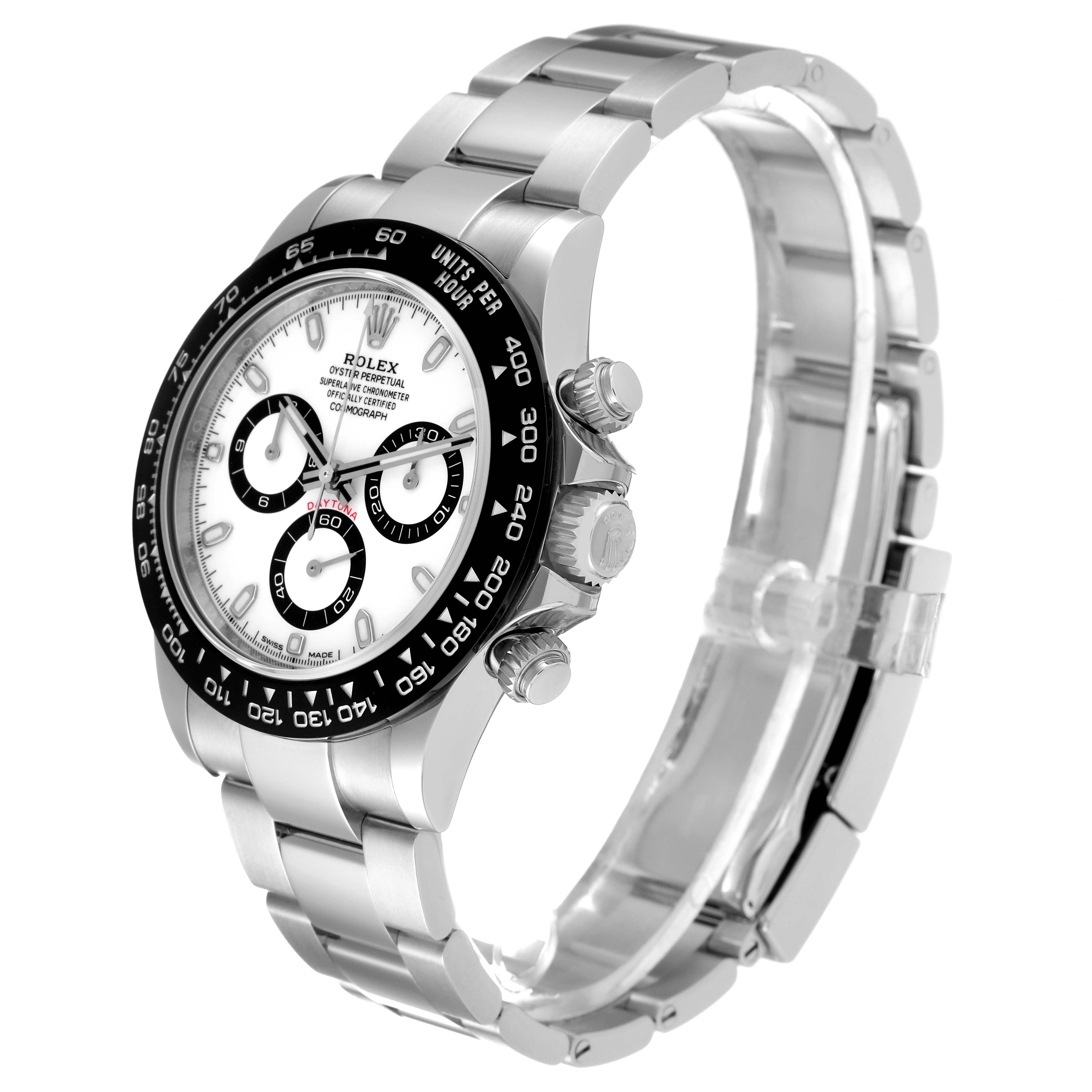 The Rolex Daytona 116500 Men's Stainless Steel White Dial 116500 Men's Stainless Steel White Dial watch is shown at a right-side angle, highlighting its dial, bezel, crown, and stainless steel bracelet.