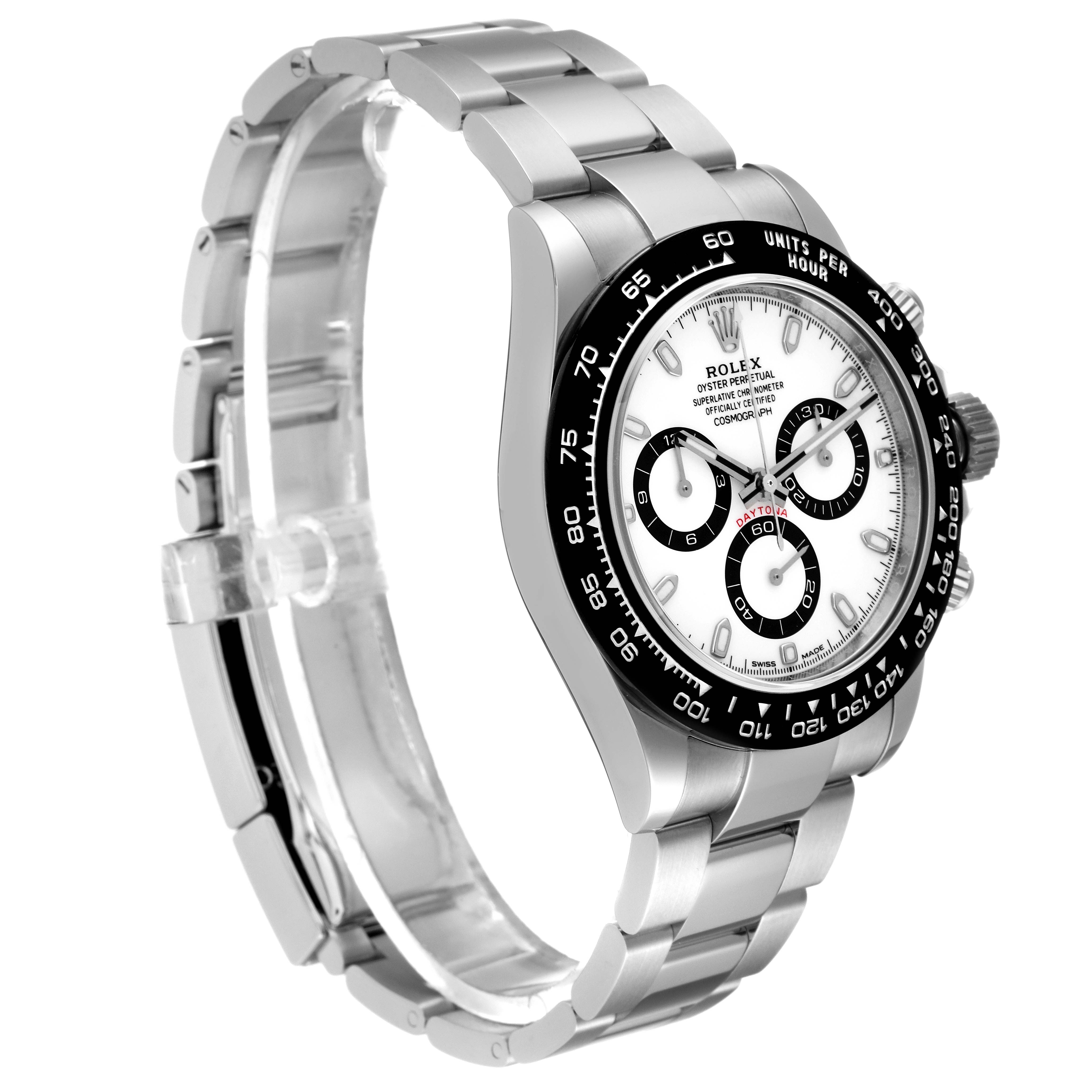 The image shows a side angle of the Rolex Daytona 116500 Men's Stainless Steel White Dial 116500 Men's Stainless Steel White Dial watch, featuring its dial, bezel, and bracelet.
