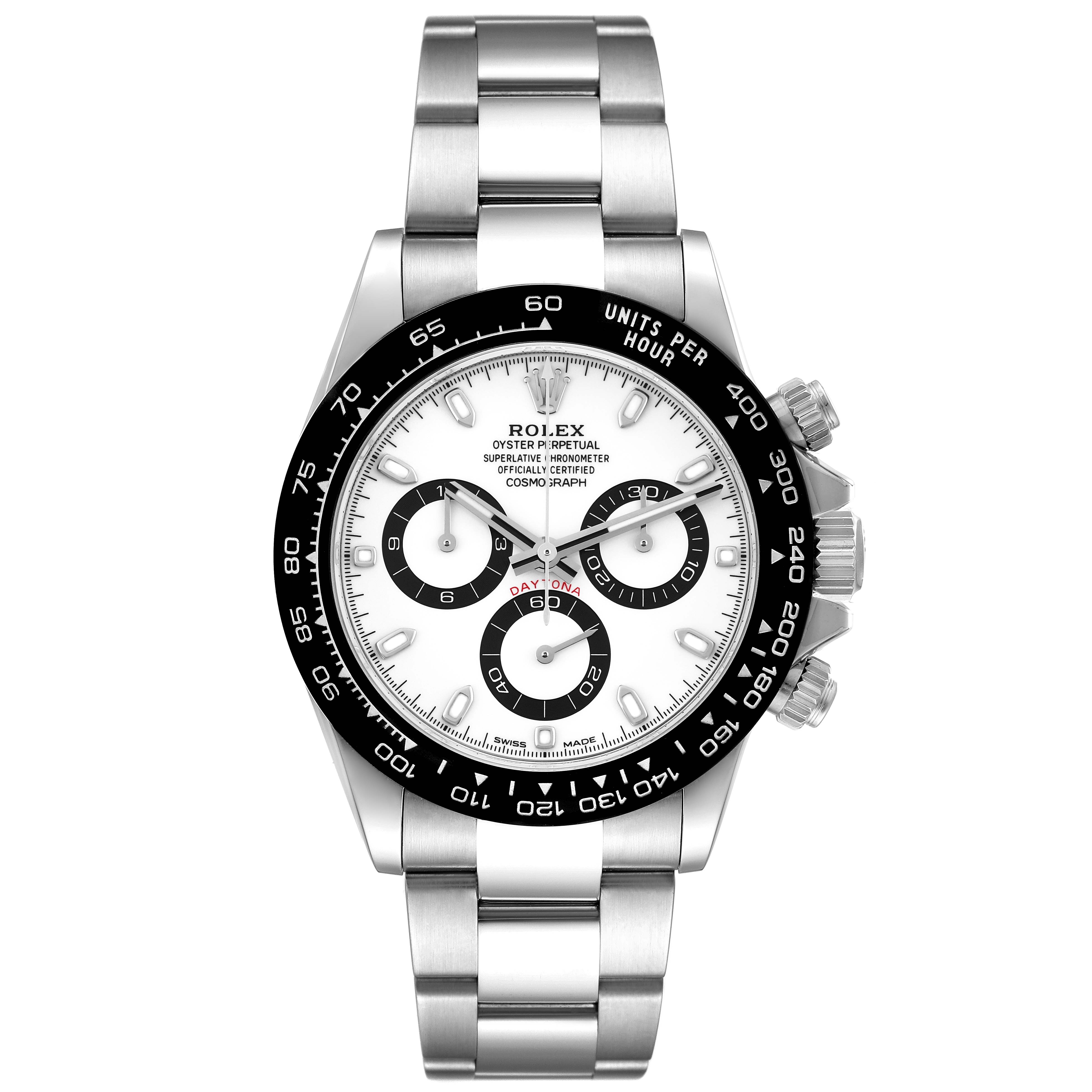 This image shows a Rolex Daytona 116500 Men's Stainless Steel White Dial 116500 Men's Stainless Steel White Dial watch from the front, displaying its bezel, dial, subdials, and bracelet.
