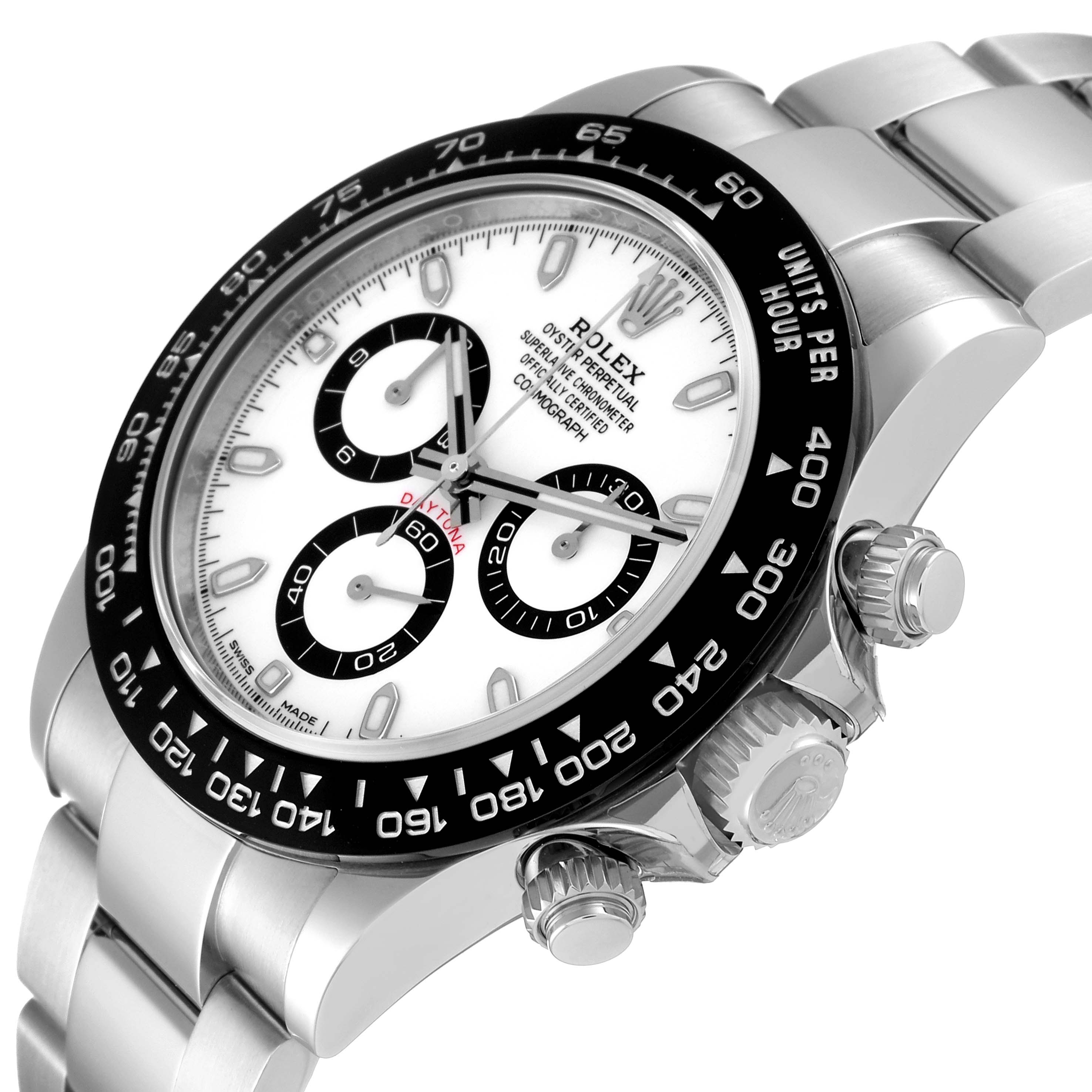 This image shows a side angle of a Rolex Daytona 116500 Men's Stainless Steel White Dial 116500 Men's Stainless Steel White Dial watch, highlighting the bezel, dial, and crown.