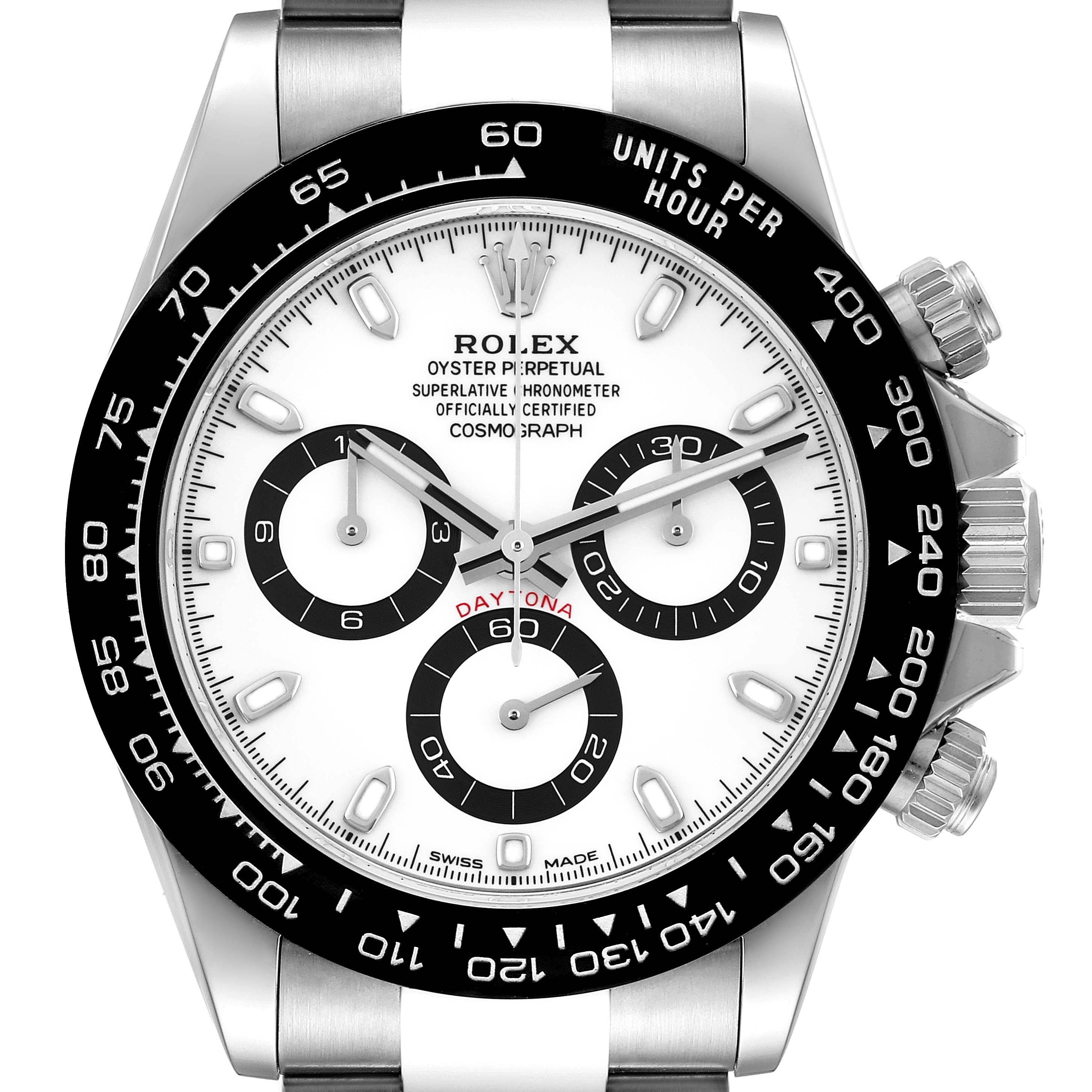 This image shows a frontal view of the Rolex Daytona 116500 Men's Stainless Steel White Dial 116500 Men's Stainless Steel White Dial watch, displaying its dial, chronograph subdials, and tachymeter bezel.