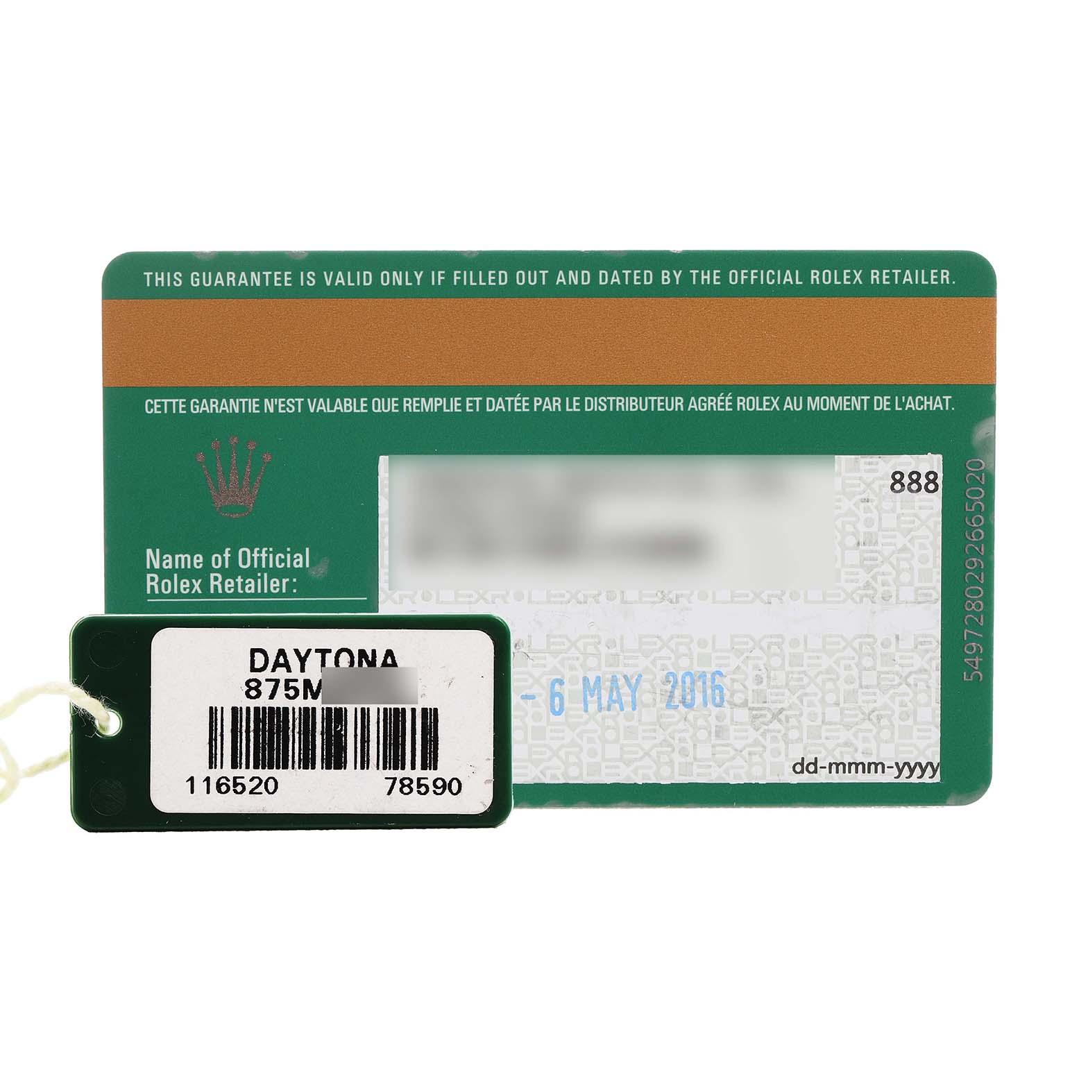 The image shows a Rolex Daytona 116520 Men's Stainless Steel White Dial model warranty card and tag, viewed from the front.