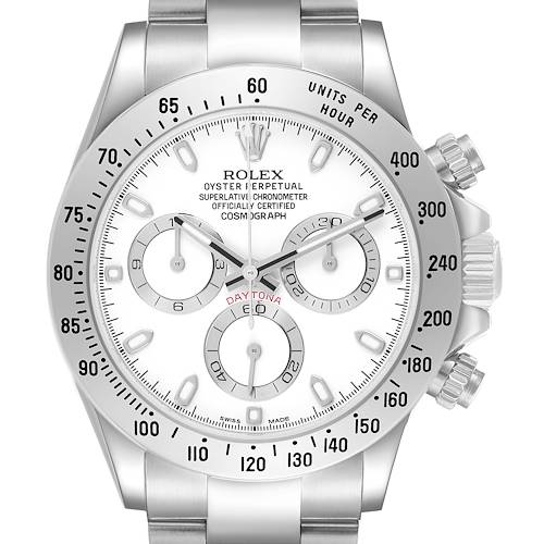 The image shows a Rolex Daytona 116520 Men's Stainless Steel White Dial watch face at a frontal angle, highlighting the dial, bezel, and chronograph subdials.