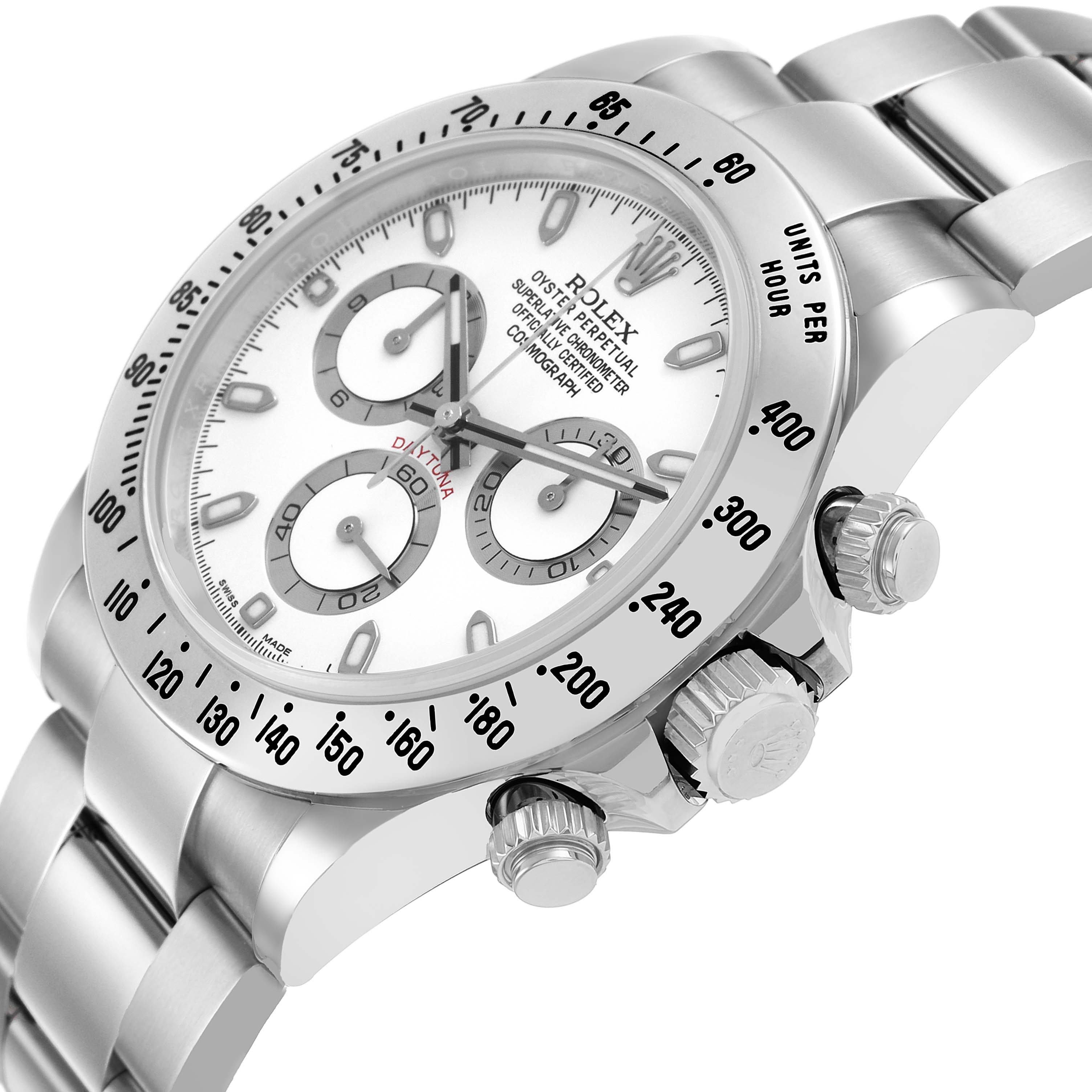 The image shows a Rolex Daytona 116520 Men's Stainless Steel White Dial watch at an angled view highlighting the face, bezel, pushers, and bracelet.