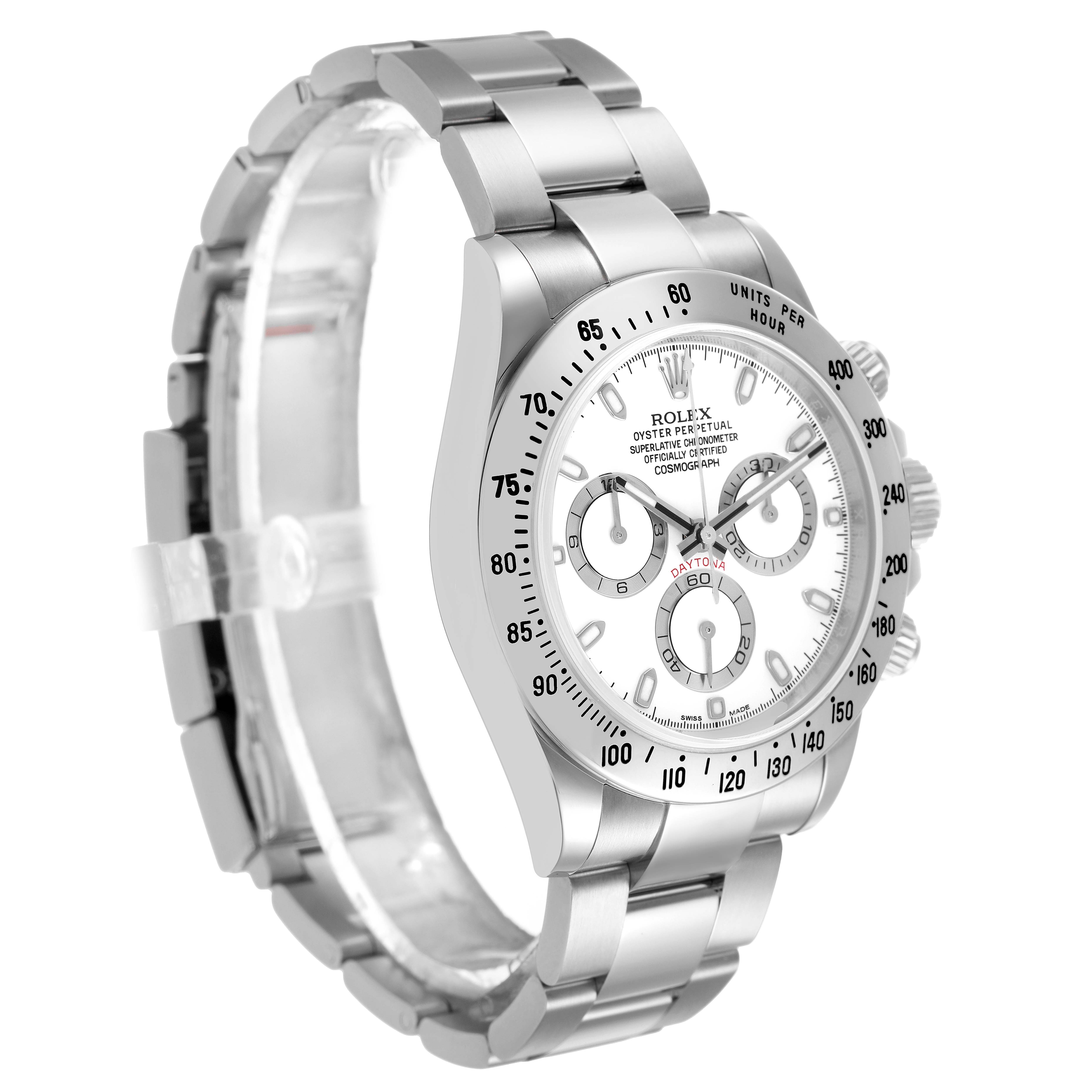 The image shows the Rolex Daytona 116520 Men's Stainless Steel White Dial watch at a three-quarter angle, highlighting the dial, bezel, and bracelet.