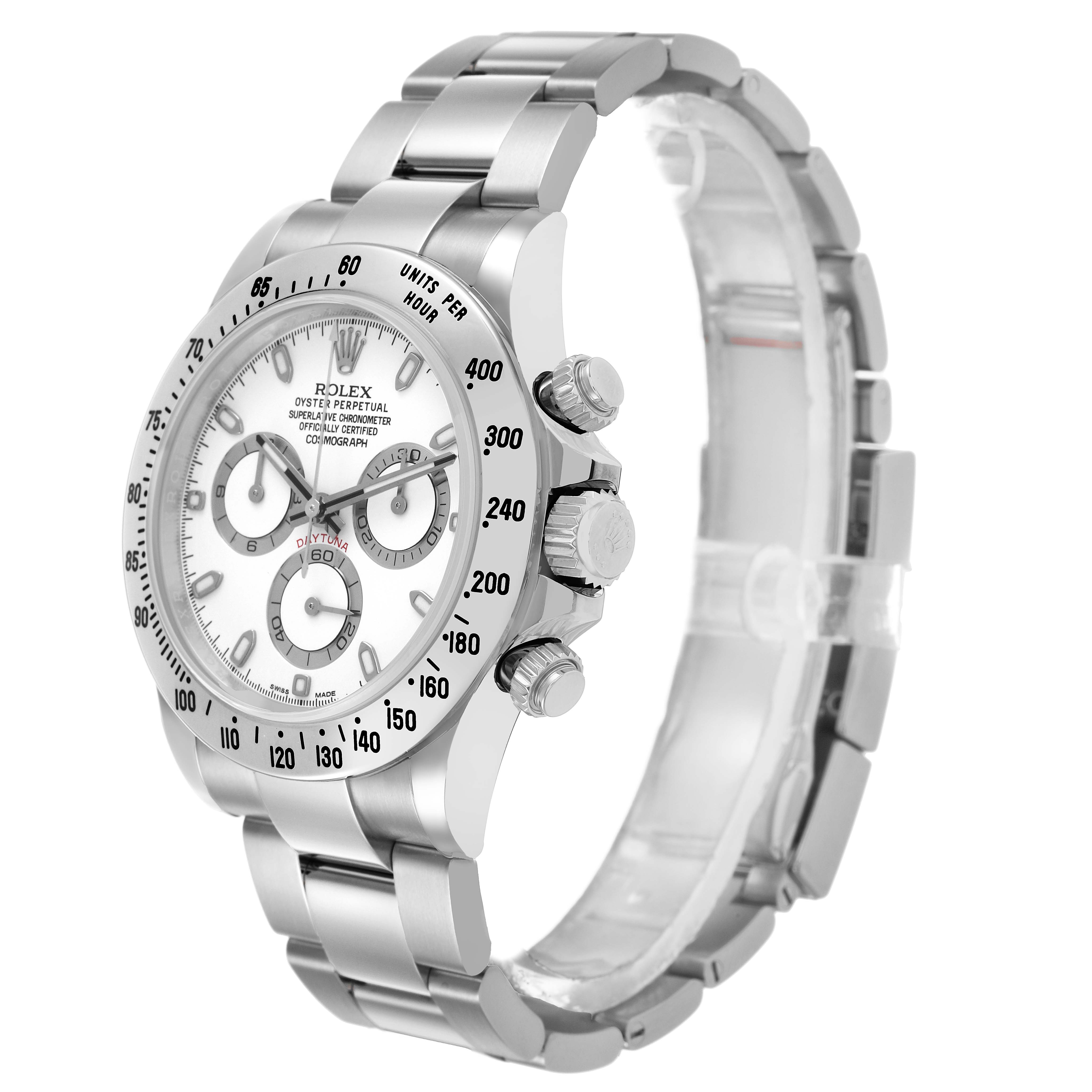 The Rolex Daytona 116520 Men's Stainless Steel White Dial watch is shown at a three-quarter angle, highlighting the dial, bezel, push buttons, and bracelet.