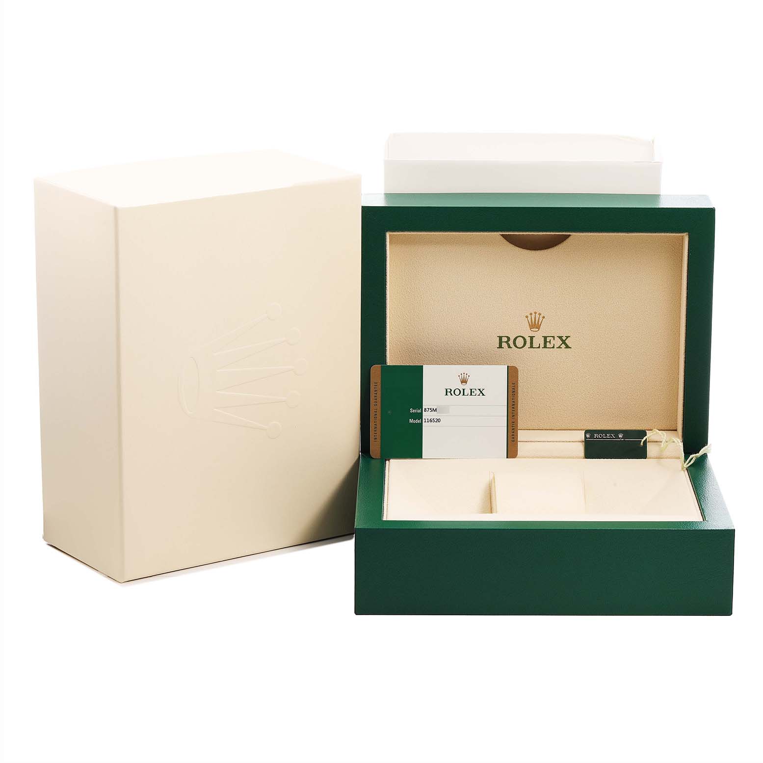 The image shows a Rolex Daytona 116520 Men's Stainless Steel White Dial watch box with a warranty card and accessories from a front angle.