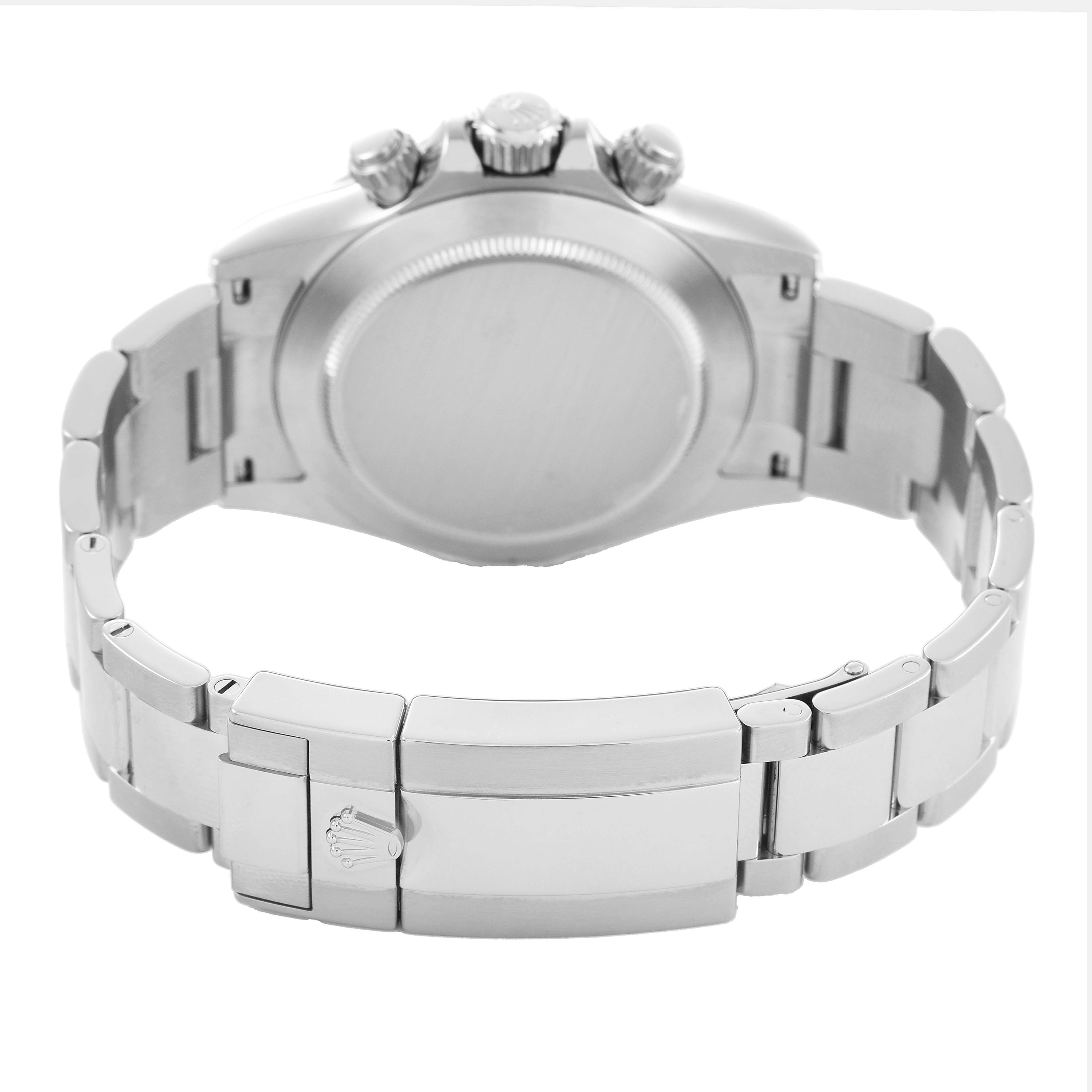 The image shows the back view of a Rolex Daytona 116520 Men's Stainless Steel White Dial watch, highlighting the clasp and bracelet links.
