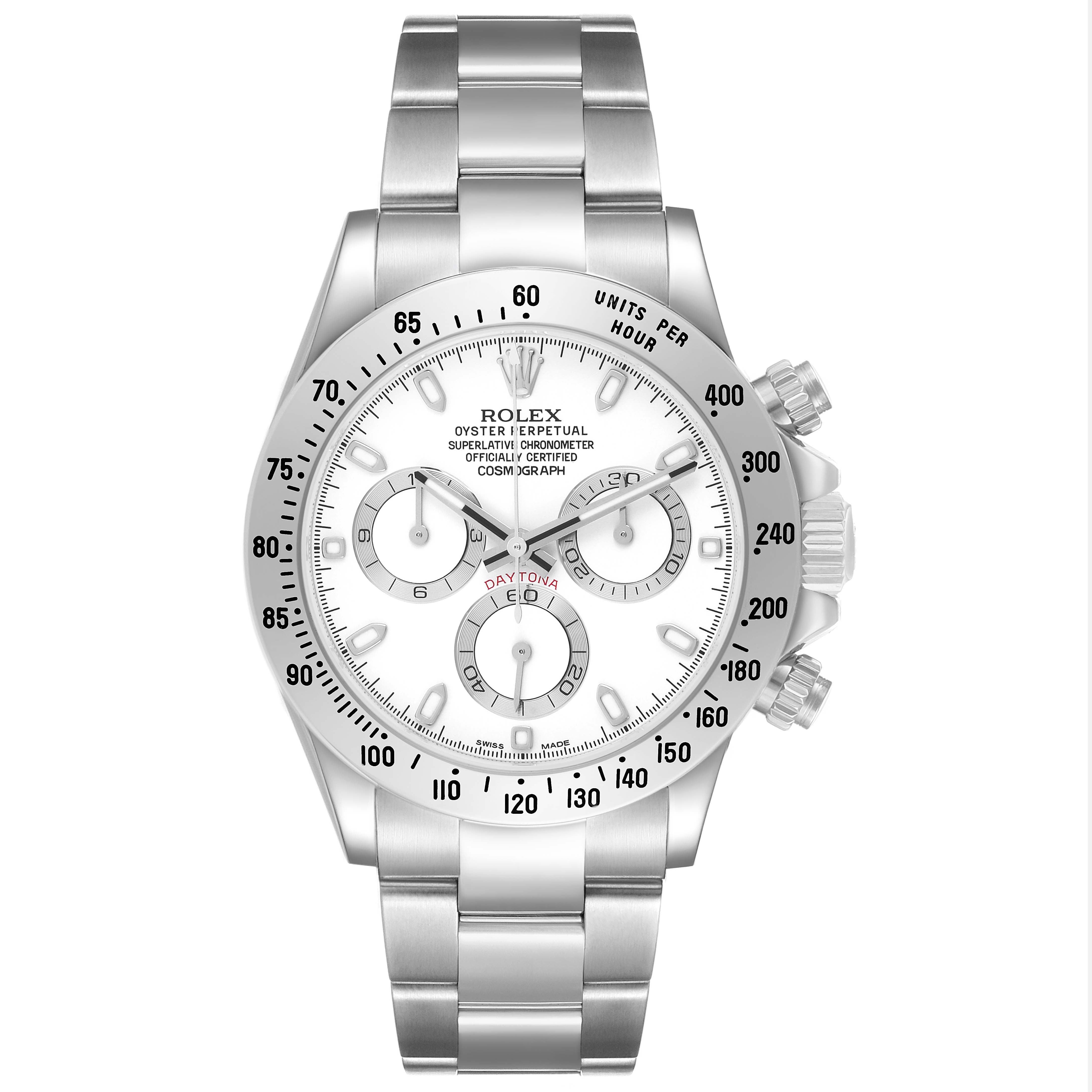 The Rolex Daytona 116520 Men's Stainless Steel White Dial watch is shown from a front angle, displaying its dial, bezel, case, and bracelet.