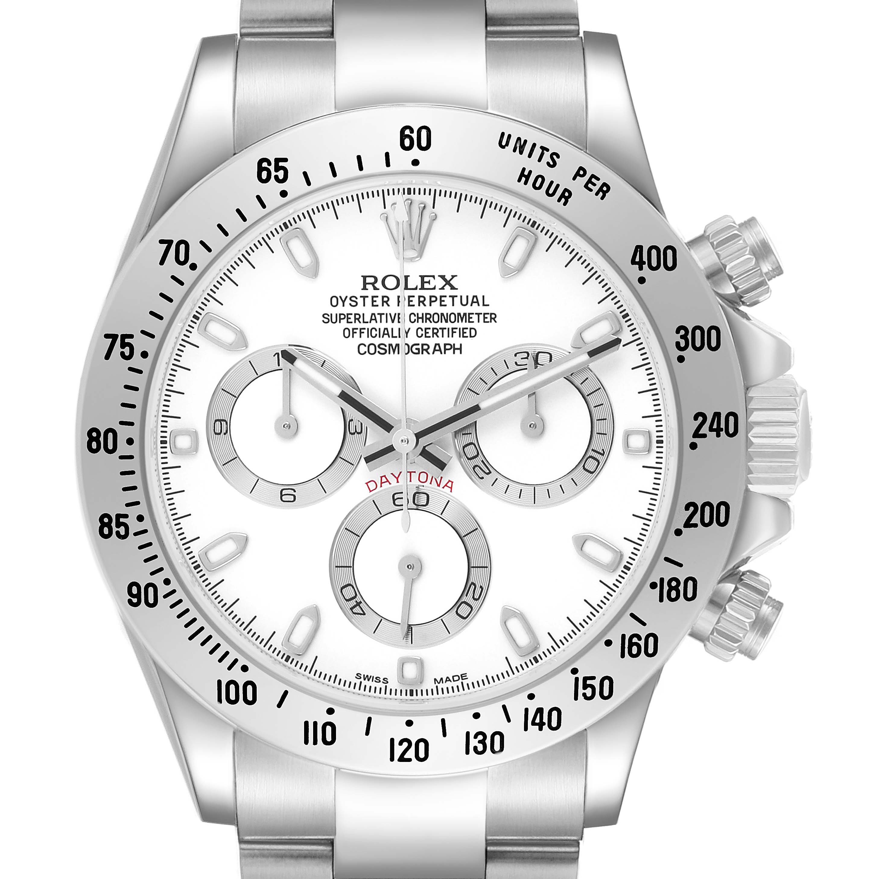 The Rolex Daytona 116520 Men's Stainless Steel White Dial watch is shown from the front, displaying the dial, bezel, pushers, and part of the bracelet.