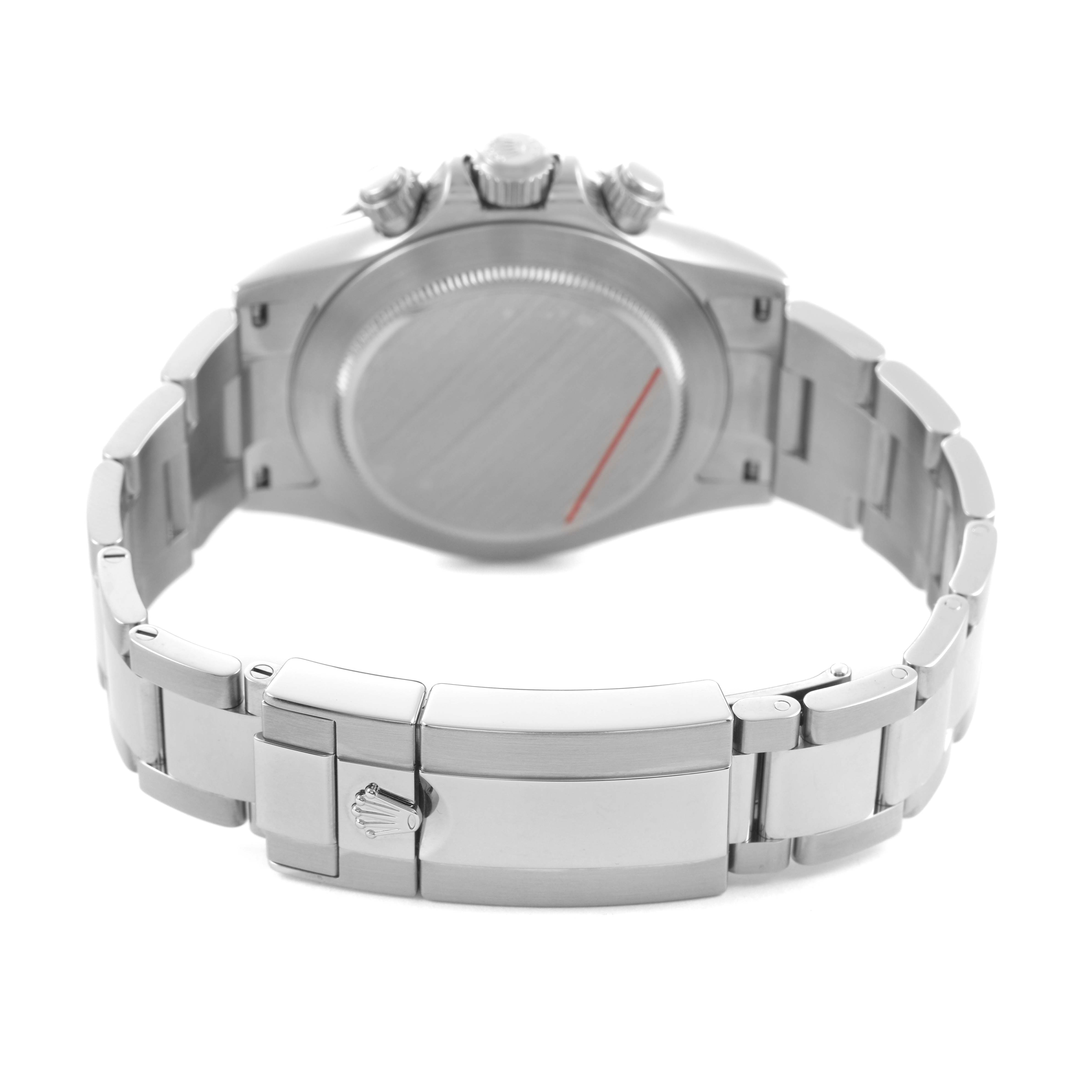 The image shows the back view of a Rolex Daytona 116500LN Men's Stainless Steel White Dial watch, highlighting the bracelet and clasp.
