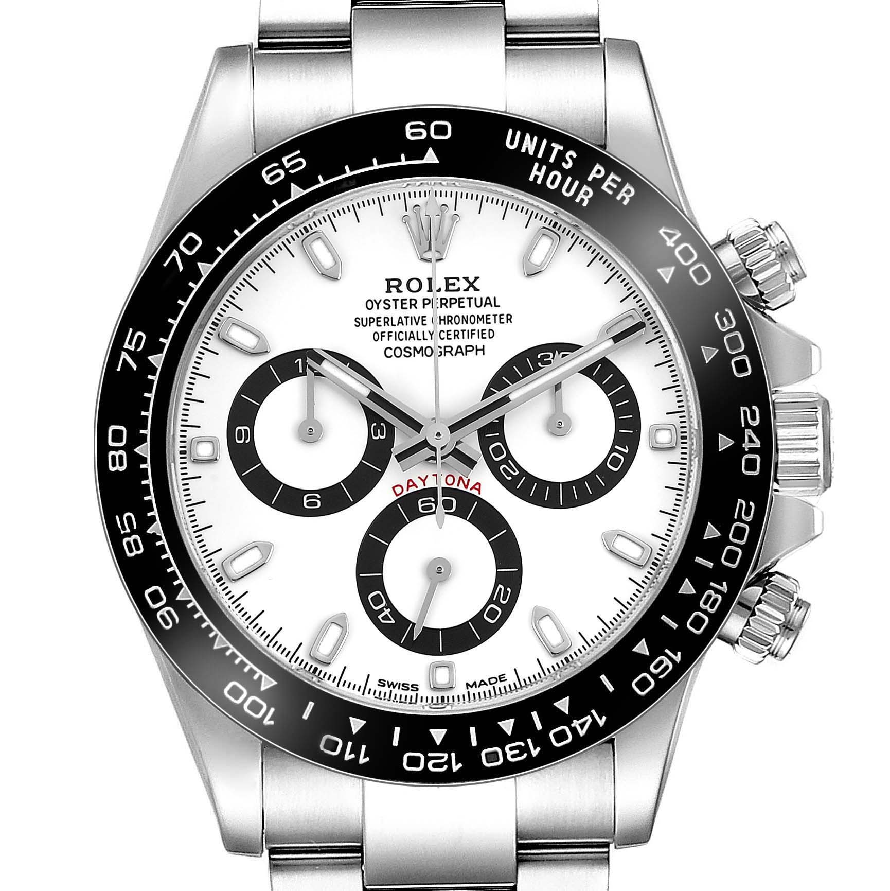 The Rolex Daytona 116500LN Men's Stainless Steel White Dial watch is shown from the front, displaying its dial, bezel, and pushers.