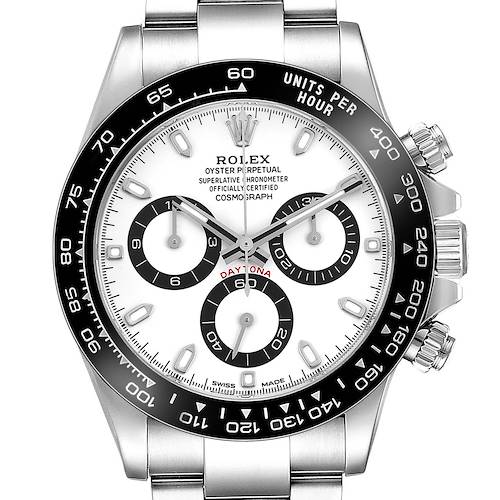 The Rolex Daytona 116500LN Men's Stainless Steel White Dial watch is shown from a top view, highlighting its face, bezel, chronograph sub-dials, and side buttons.