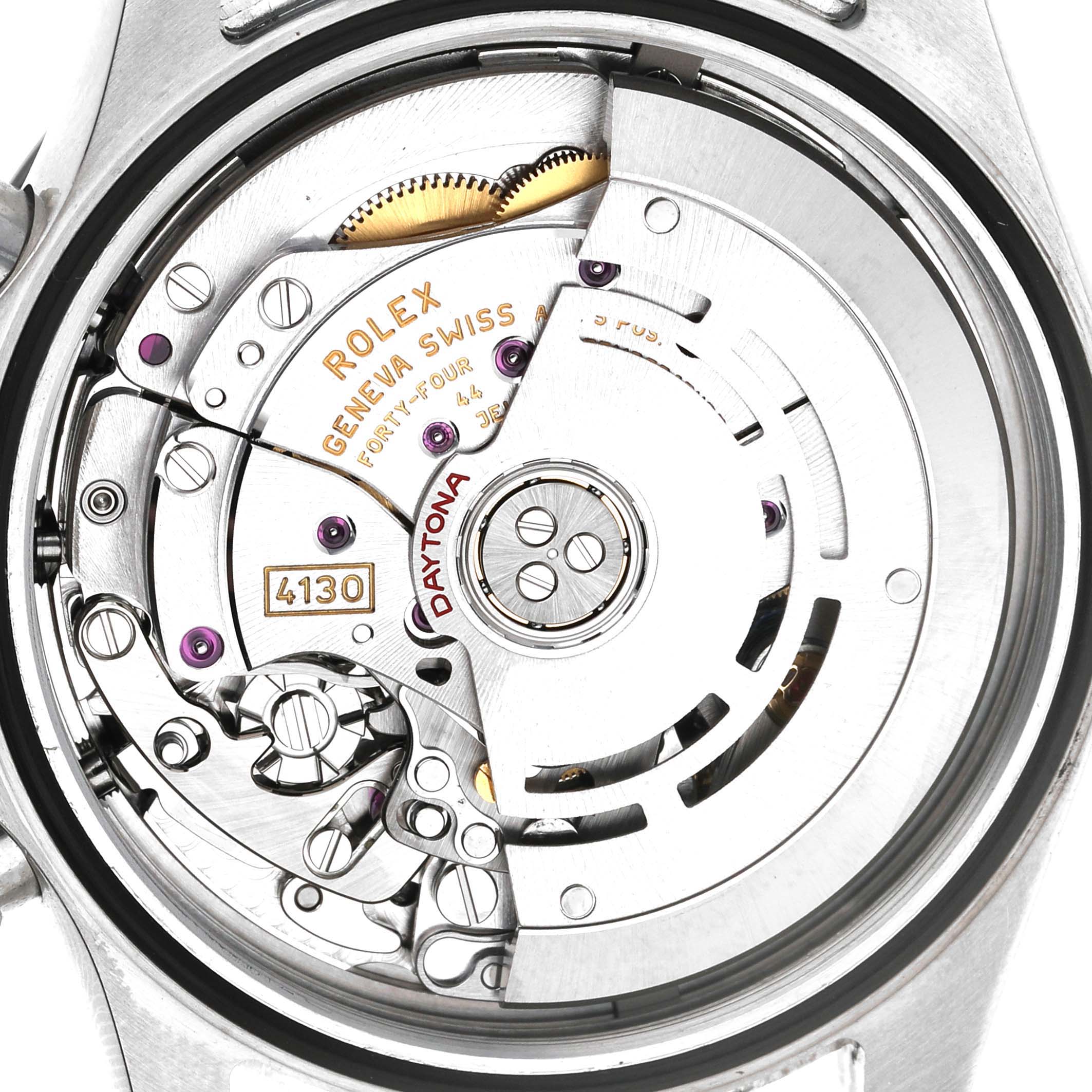 The image shows the movement mechanism of a Rolex Daytona 116500LN Men's Stainless Steel White Dial watch from a top-down angle.