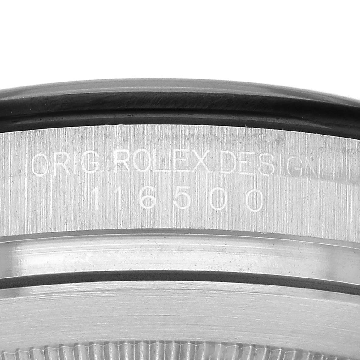 The image shows a close-up of the model number engraved on the case of a Rolex Daytona 116500LN Men's Stainless Steel White Dial watch.
