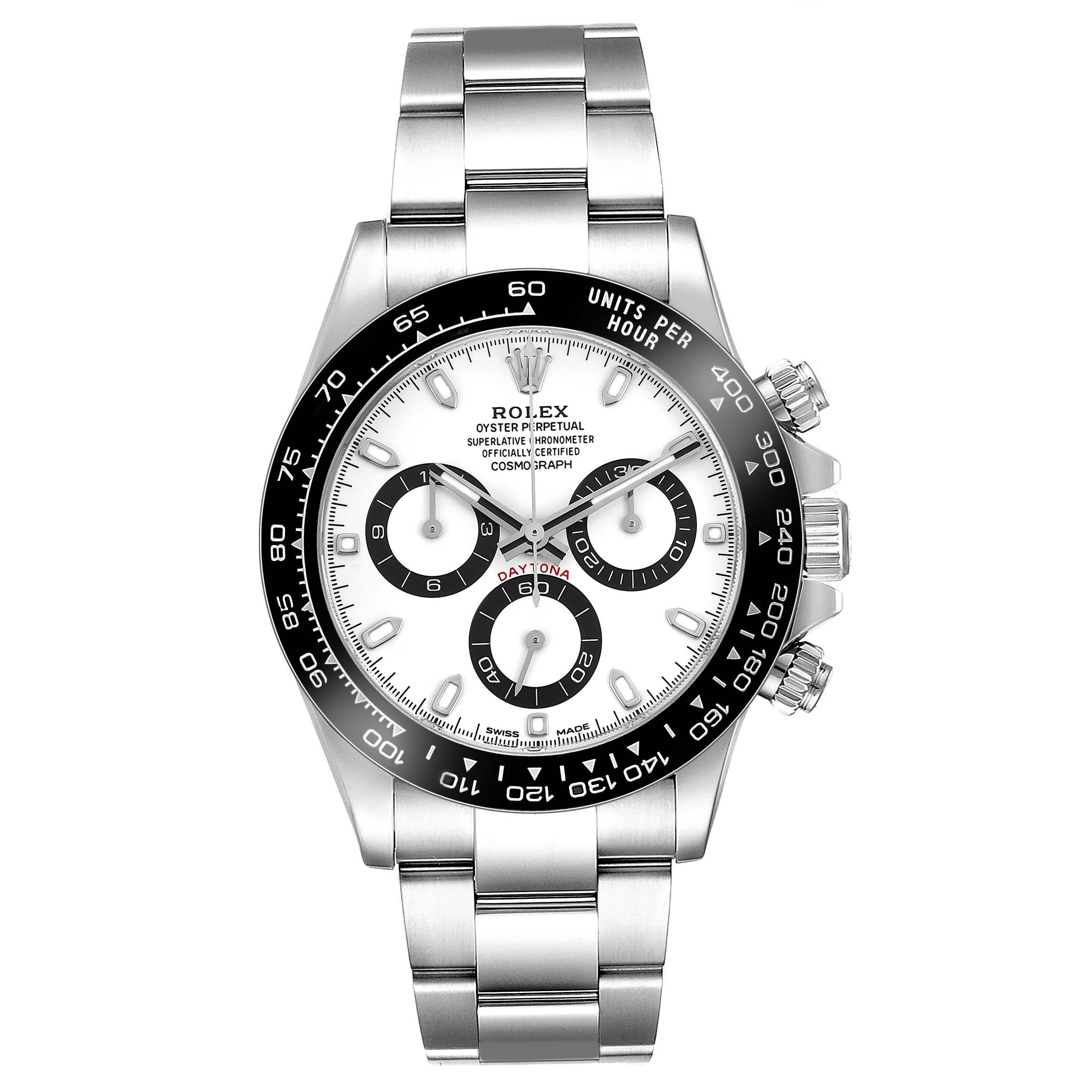 The Rolex Daytona 116500LN Men's Stainless Steel White Dial watch is shown from a front angle displaying its face, dial, bezel, and bracelet.