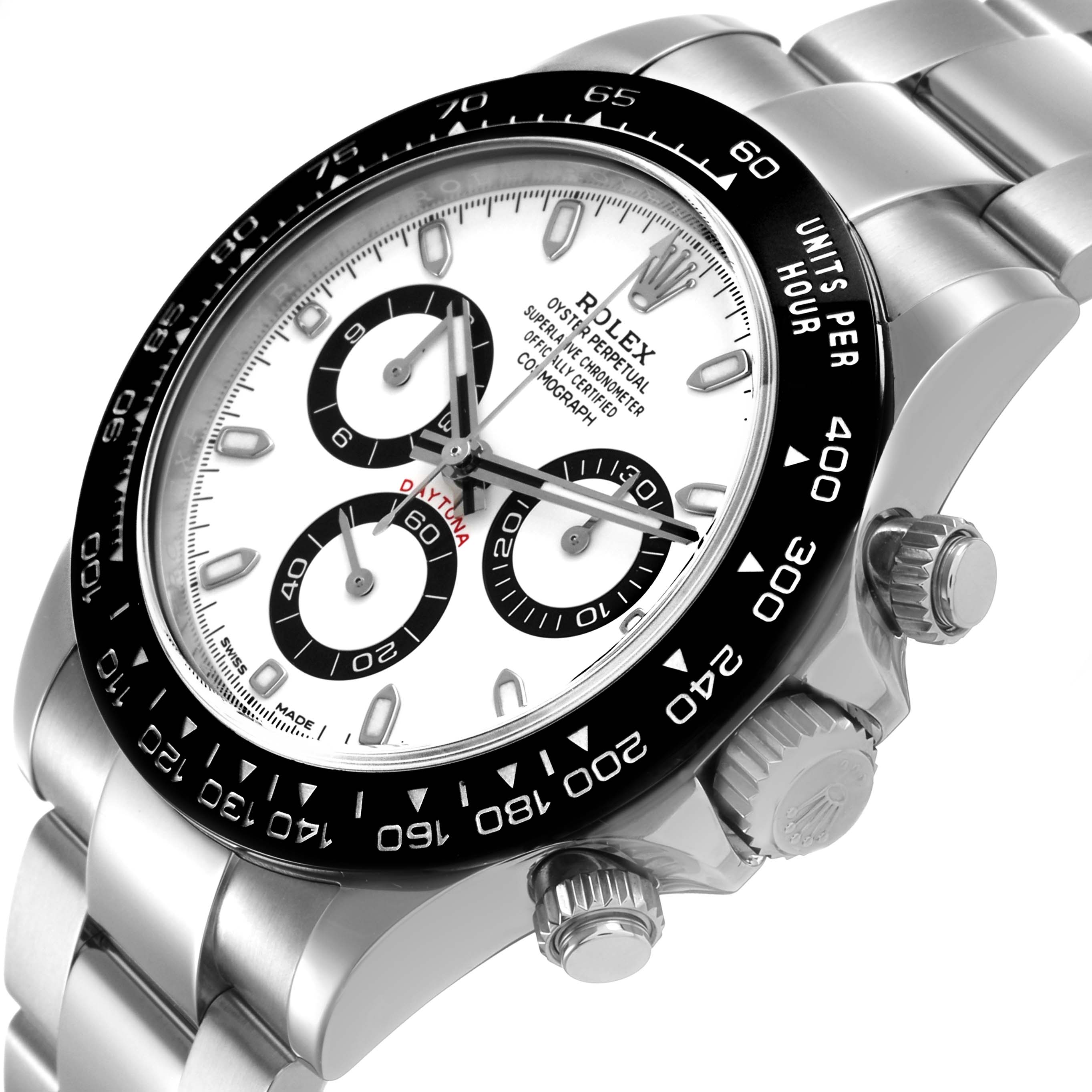 The image shows a side angle of the Rolex Daytona 116500LN Men's Stainless Steel White Dial, highlighting the bezel, dial, and pushers.