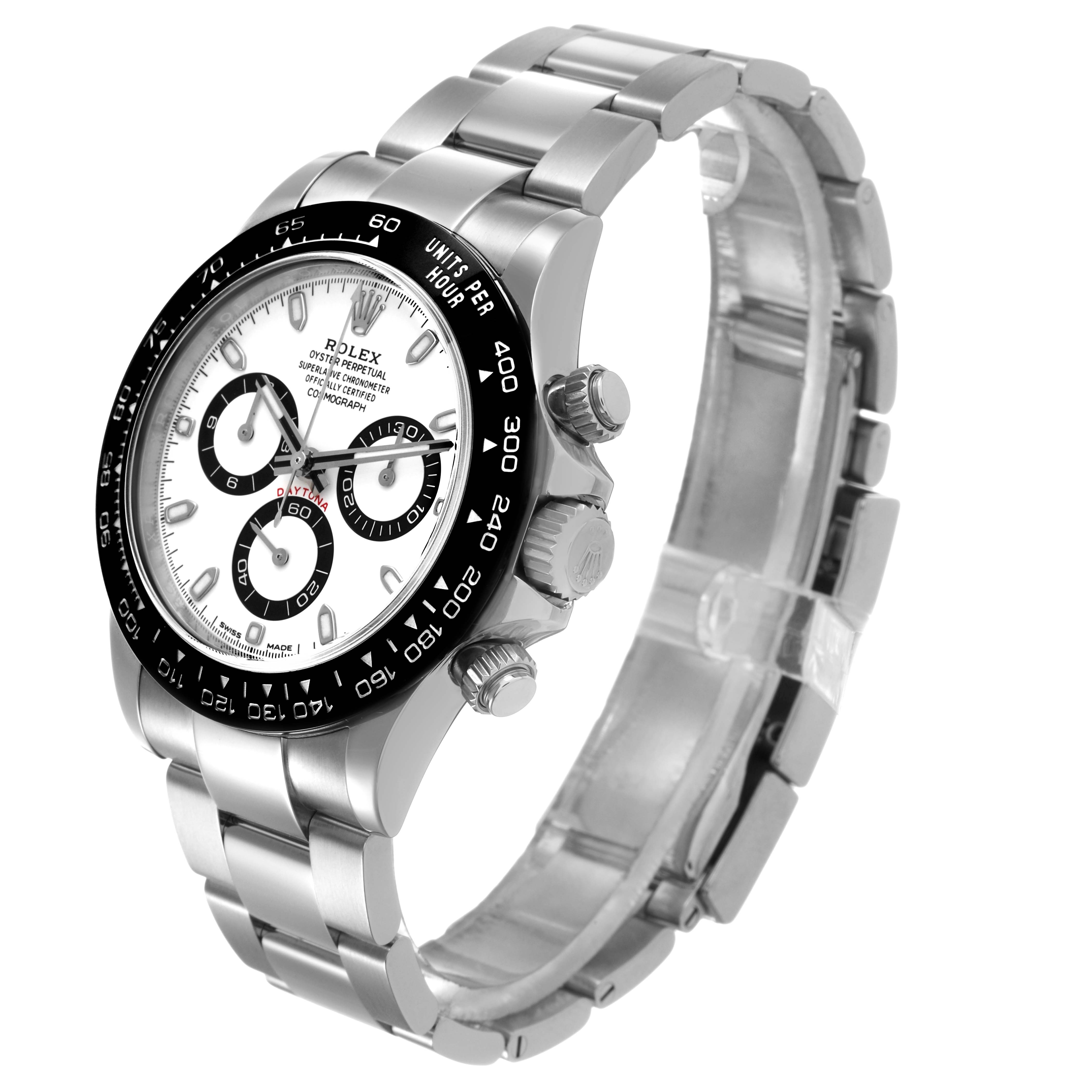 The Rolex Daytona 116500LN Men's Stainless Steel White Dial watch is shown at a slight angle, highlighting the bezel, crown, pushers, and bracelet.