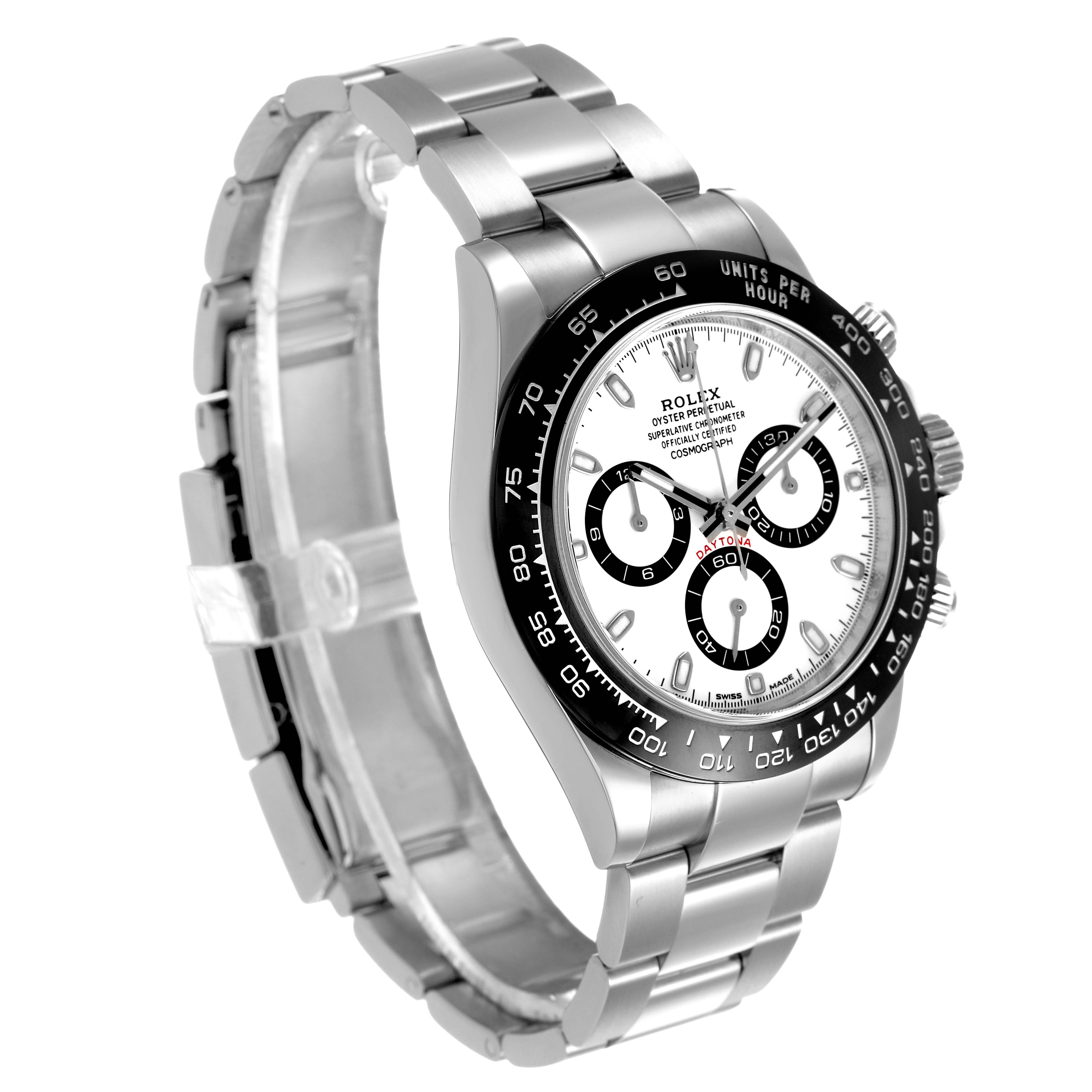 The Rolex Daytona 116500LN Men's Stainless Steel White Dial watch is shown at a three-quarter angle, revealing the dial, bezel, side buttons, and bracelet.