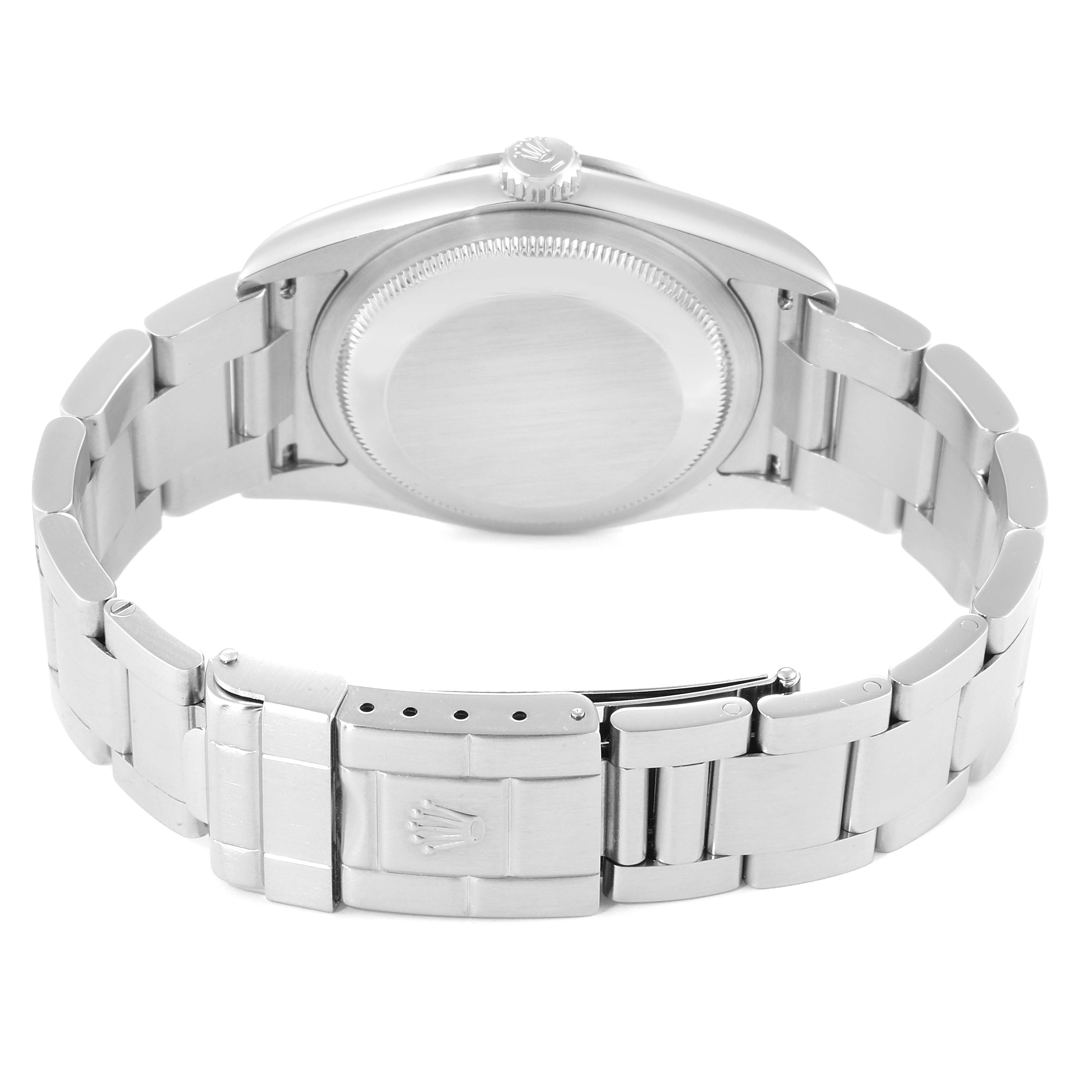 The image displays the back case and metal bracelet of the Rolex Explorer 114270  Men
s Stainless Steel Black Dial 114270  Men
s Stainless Steel Black Dial watch.