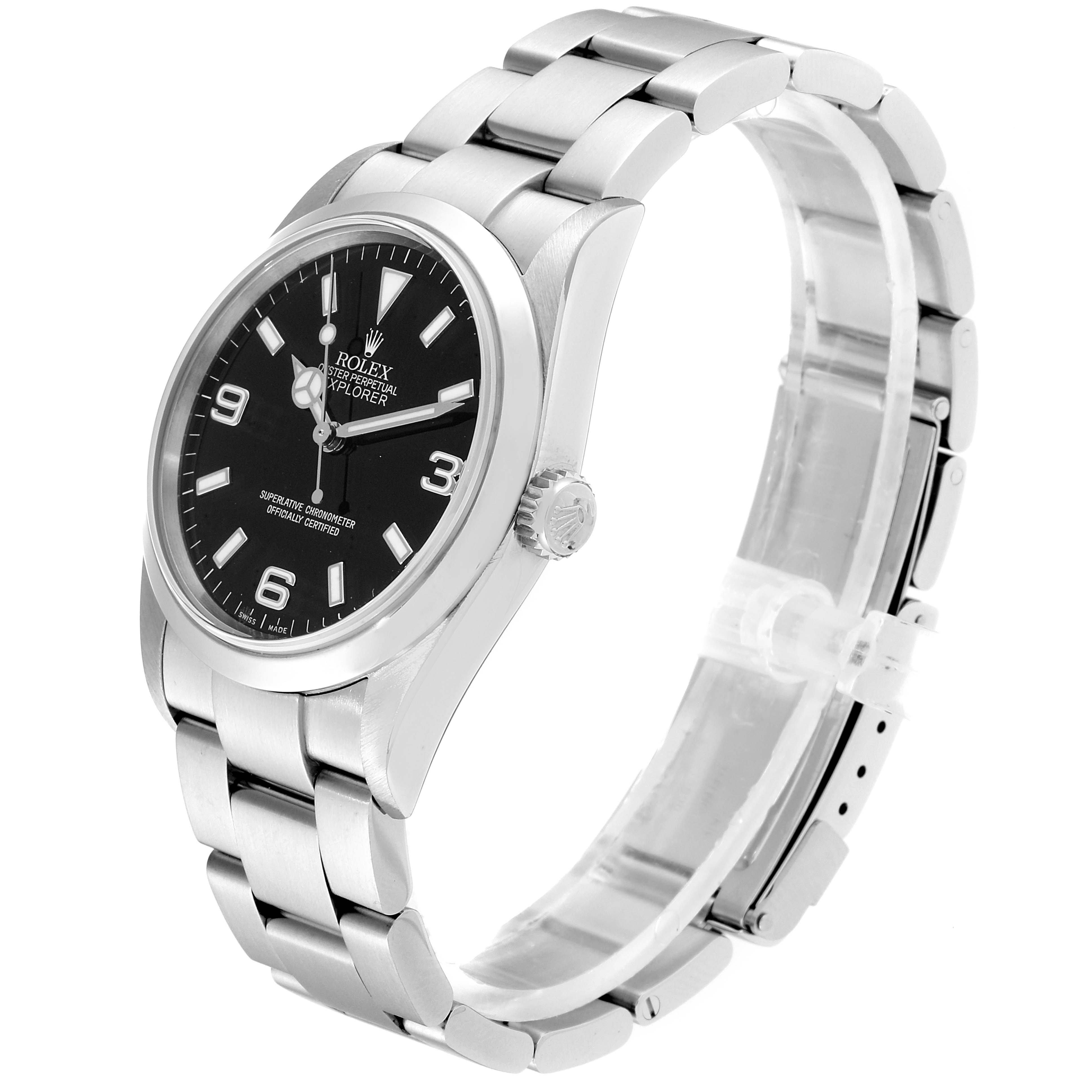 The image shows a Rolex Explorer 114270  Men
s Stainless Steel Black Dial 114270  Men
s Stainless Steel Black Dial watch from a front angle, highlighting the dial, bezel, crown, and bracelet.