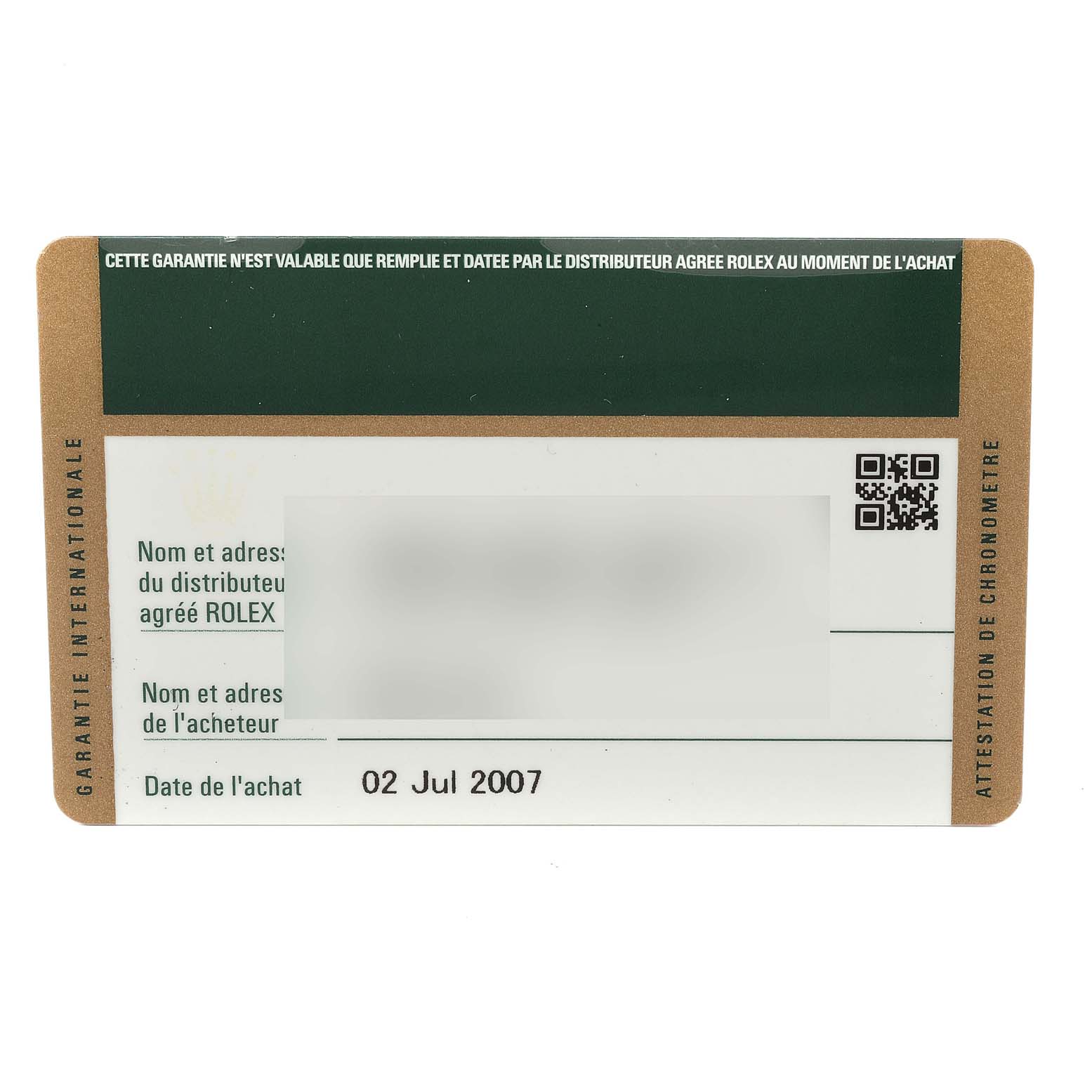 The image shows a warranty card for a Rolex Explorer 114270  Men
s Stainless Steel Black Dial 114270  Men
s Stainless Steel Black Dial watch, with purchase details and a QR code visible.