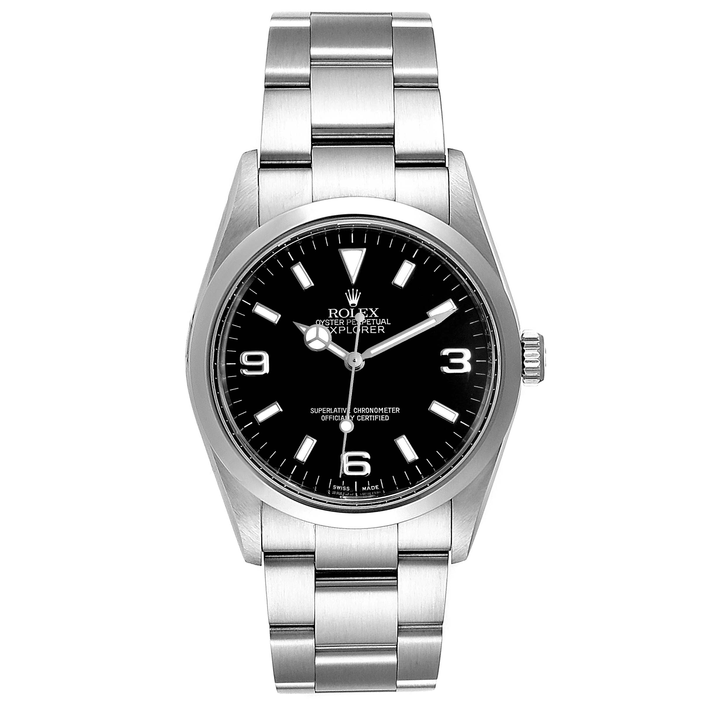 The Rolex Explorer 114270  Men
s Stainless Steel Black Dial 114270  Men
s Stainless Steel Black Dial watch is shown from the front, displaying its black dial, hour markers, and stainless steel bracelet.