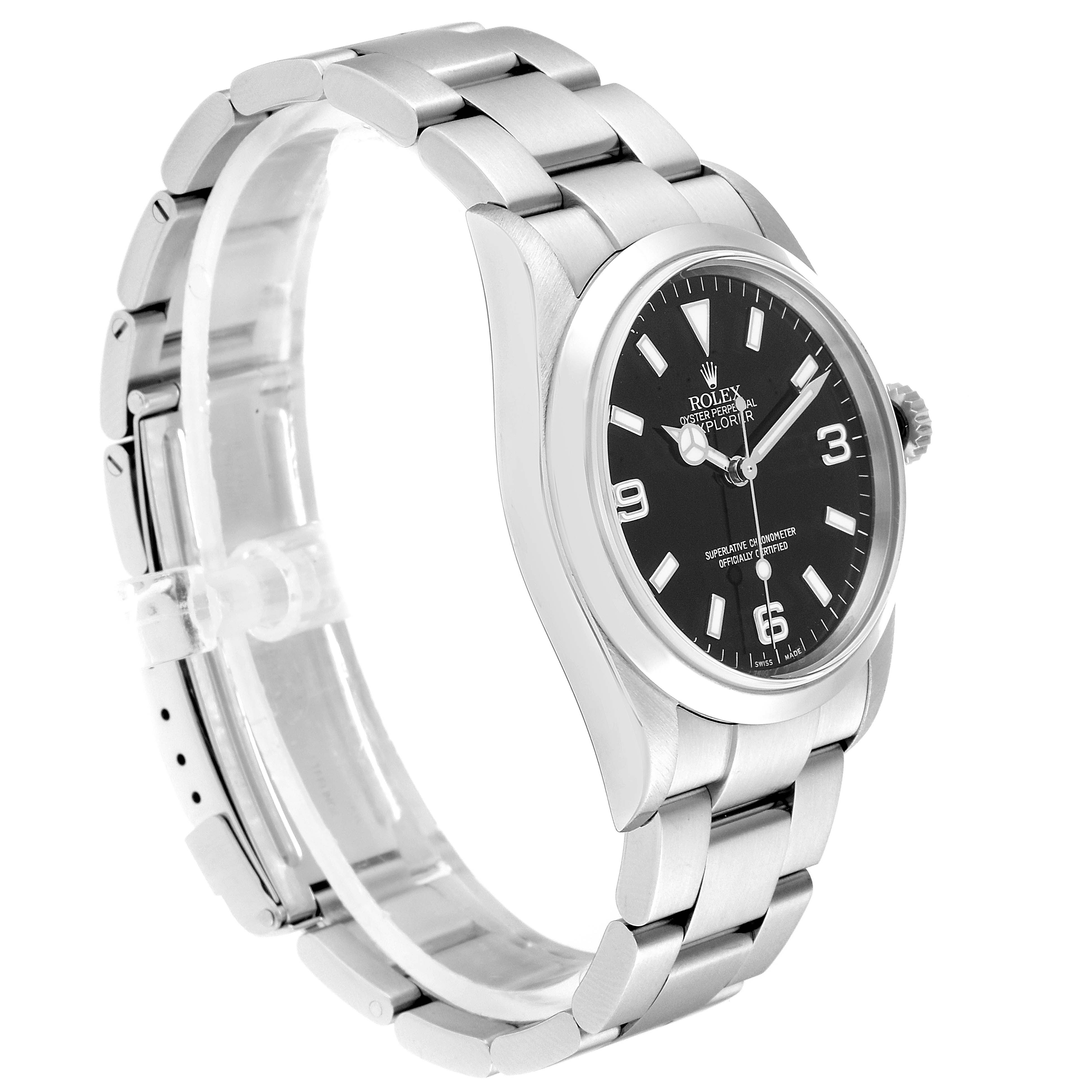 This Rolex Explorer 114270  Men
s Stainless Steel Black Dial 114270  Men
s Stainless Steel Black Dial watch is shown at an angled side view, highlighting the dial, case, and stainless steel bracelet.