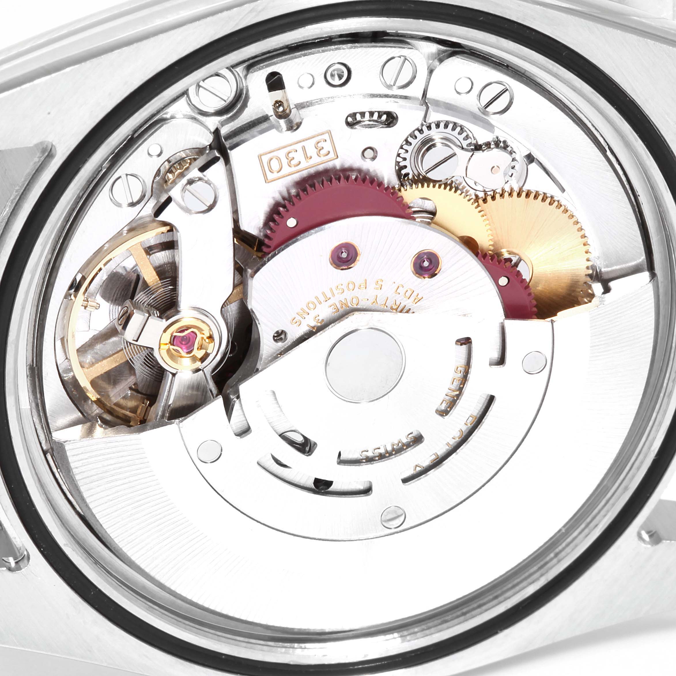 This image shows the internal movement mechanism of a Rolex Explorer 114270  Men
s Stainless Steel Black Dial 114270  Men
s Stainless Steel Black Dial watch from a top-down angle.