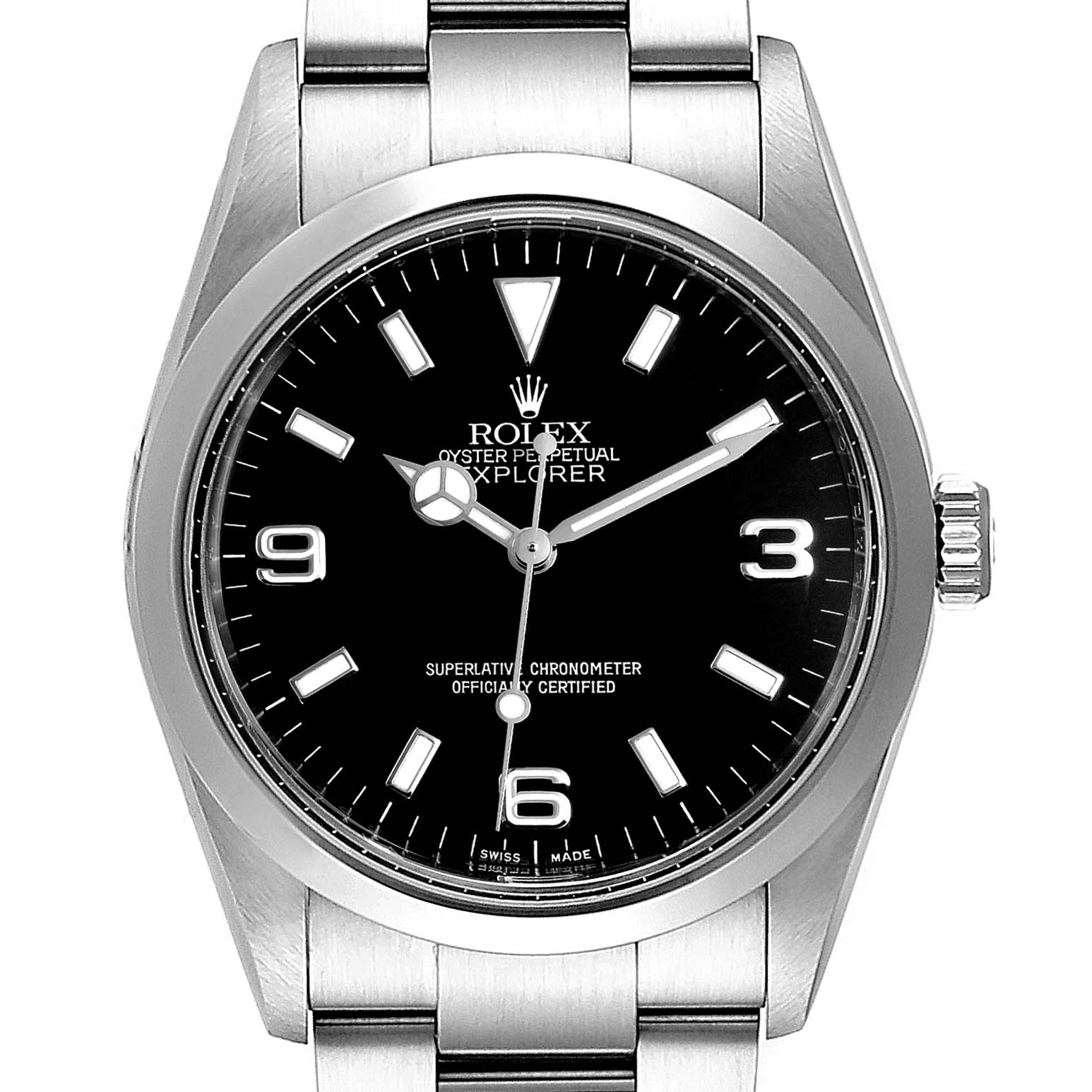 This image shows a front view of the Rolex Explorer 114270  Men
s Stainless Steel Black Dial 114270  Men
s Stainless Steel Black Dial watch, displaying the dial, hands, crown, and part of the bracelet.