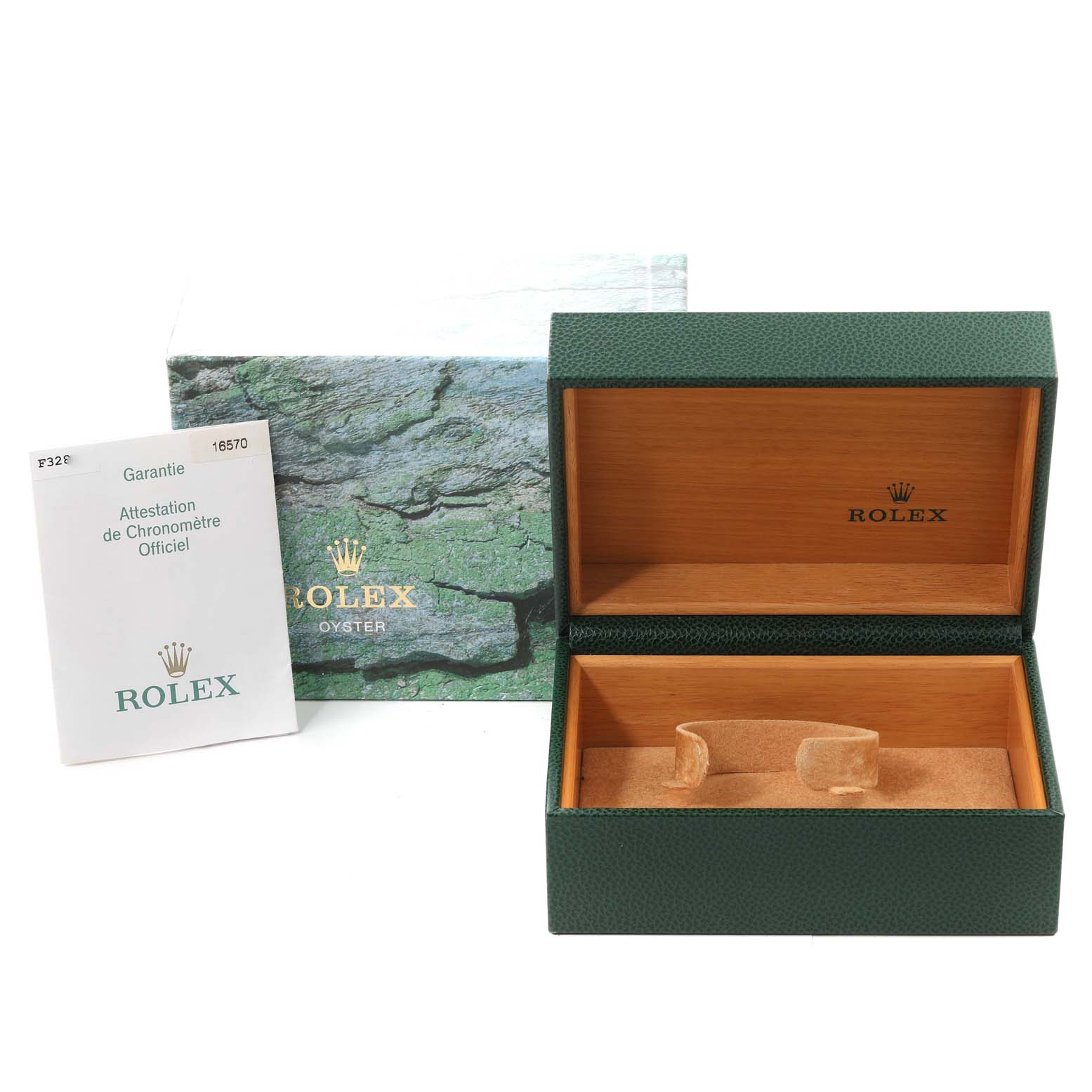 The image shows the open box, manual, and outer packaging for the Rolex Explorer 16570 Men
s Stainless Steel White Dial 16570 Men
s Stainless Steel White Dial watch model.