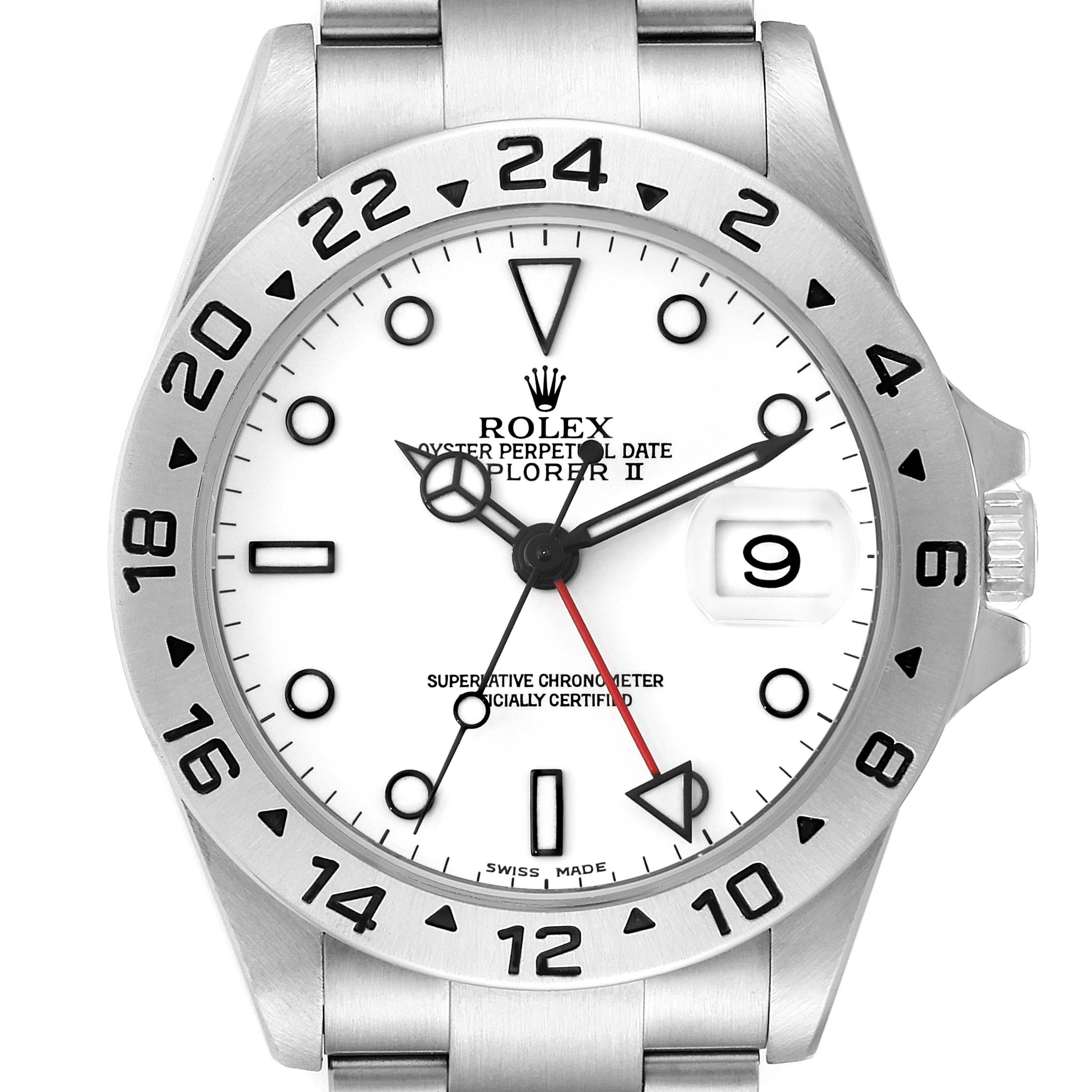 This image shows a front view of the Rolex Explorer 16570 Men
s Stainless Steel White Dial 16570 Men
s Stainless Steel White Dial watch, highlighting the dial, bezel, and part of the bracelet.