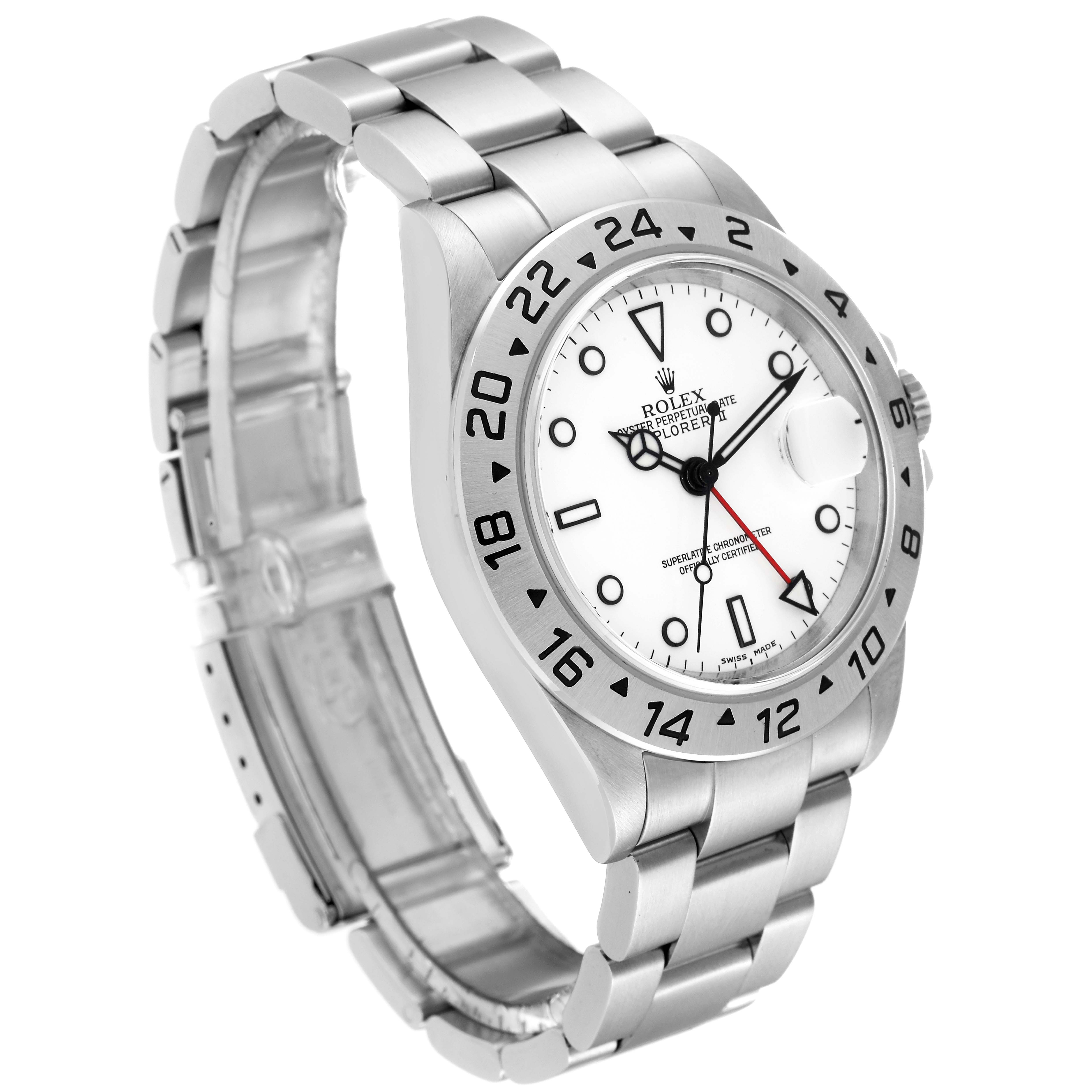The Rolex Explorer 16570 Men
s Stainless Steel White Dial 16570 Men
s Stainless Steel White Dial watch is shown at an angle displaying its face, bezel, crown, and stainless steel bracelet.
