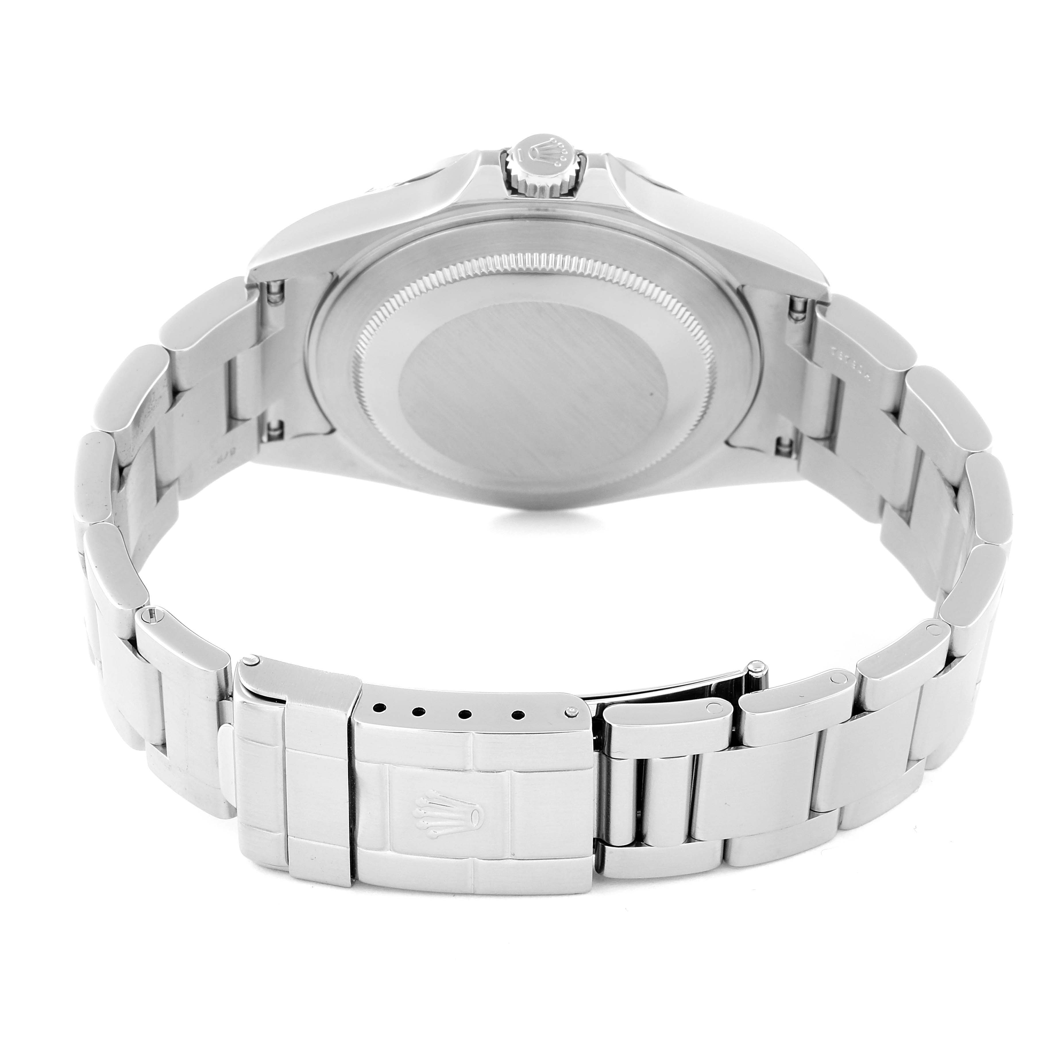 This image shows the back side of the Rolex Explorer 16570 Men
s Stainless Steel White Dial 16570 Men
s Stainless Steel White Dial watch, focusing on its case back and bracelet with the clasp open.