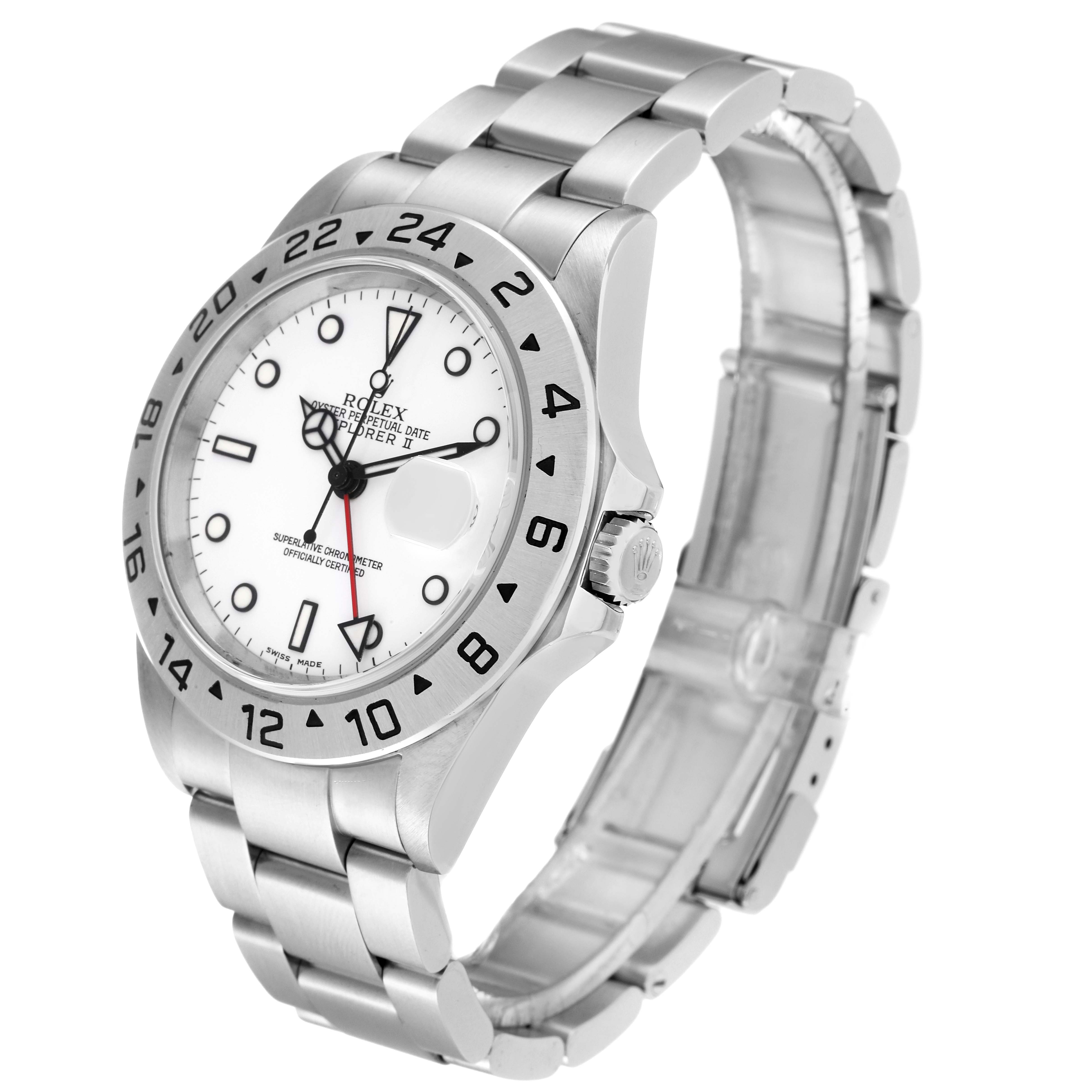 The image shows a side-angle view of the Rolex Explorer 16570 Men
s Stainless Steel White Dial 16570 Men
s Stainless Steel White Dial watch, highlighting the dial, bezel, crown, and stainless steel bracelet.